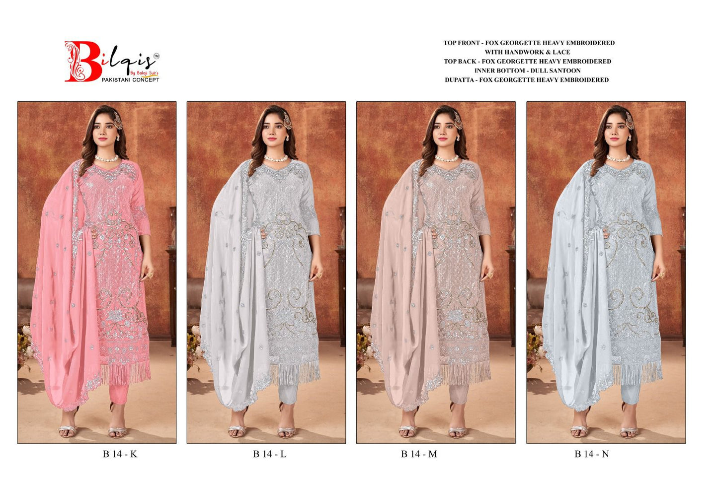 B 14 Klmn Bilqis Fox Georgette Pakistani Salwar Suits Wholesale