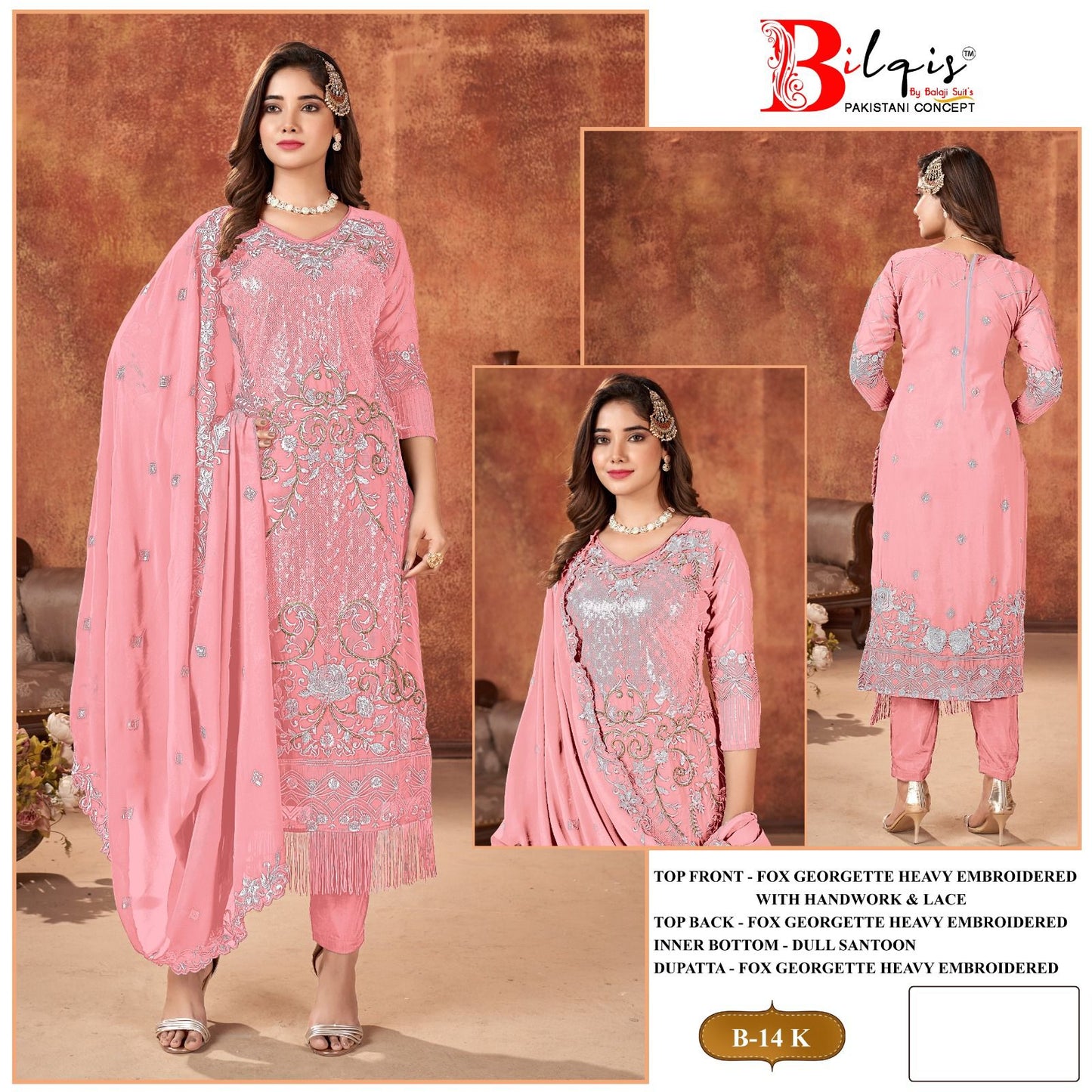 B 14 Klmn Bilqis Fox Georgette Pakistani Salwar Suits Wholesale