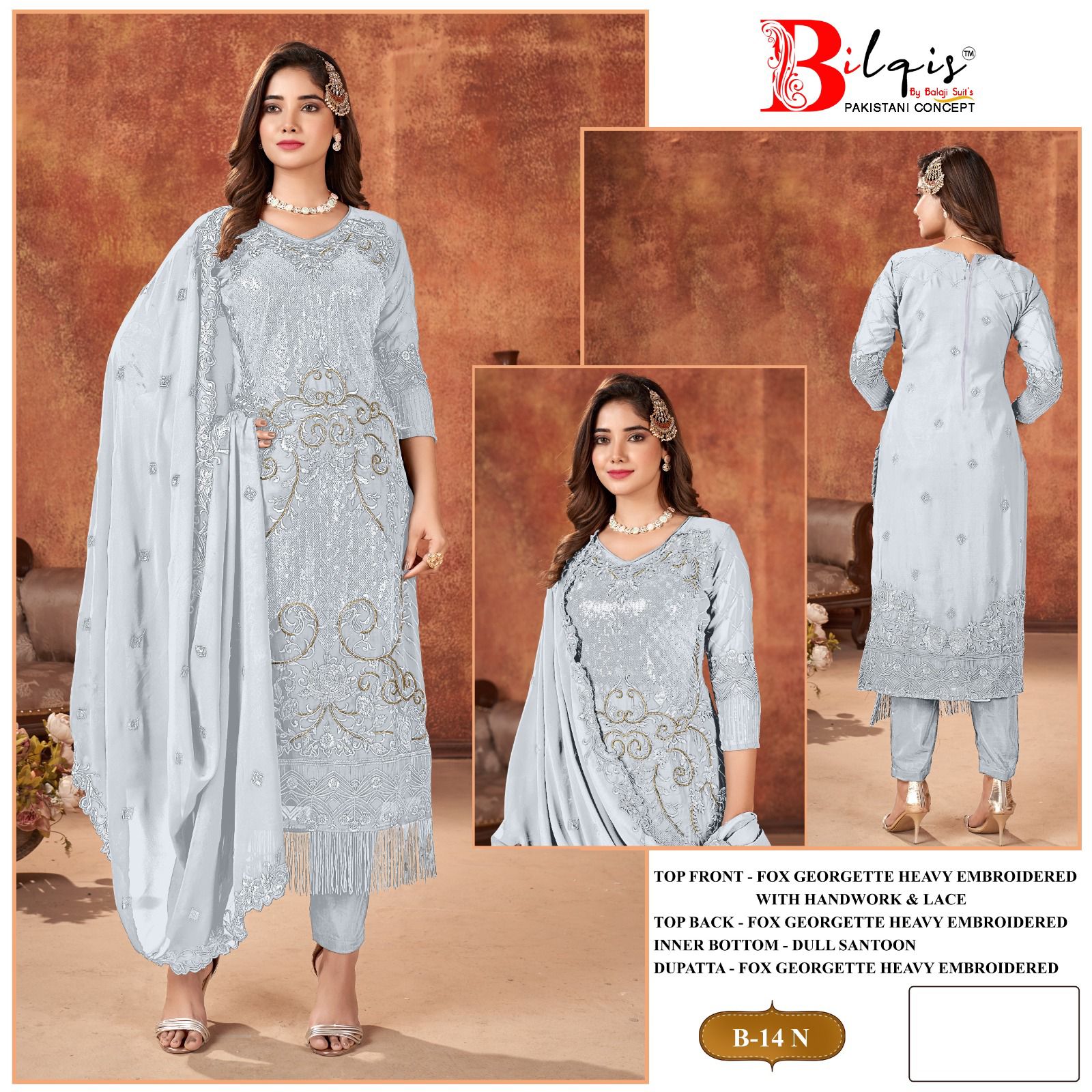 B 14 Klmn Bilqis Fox Georgette Pakistani Salwar Suits Wholesale