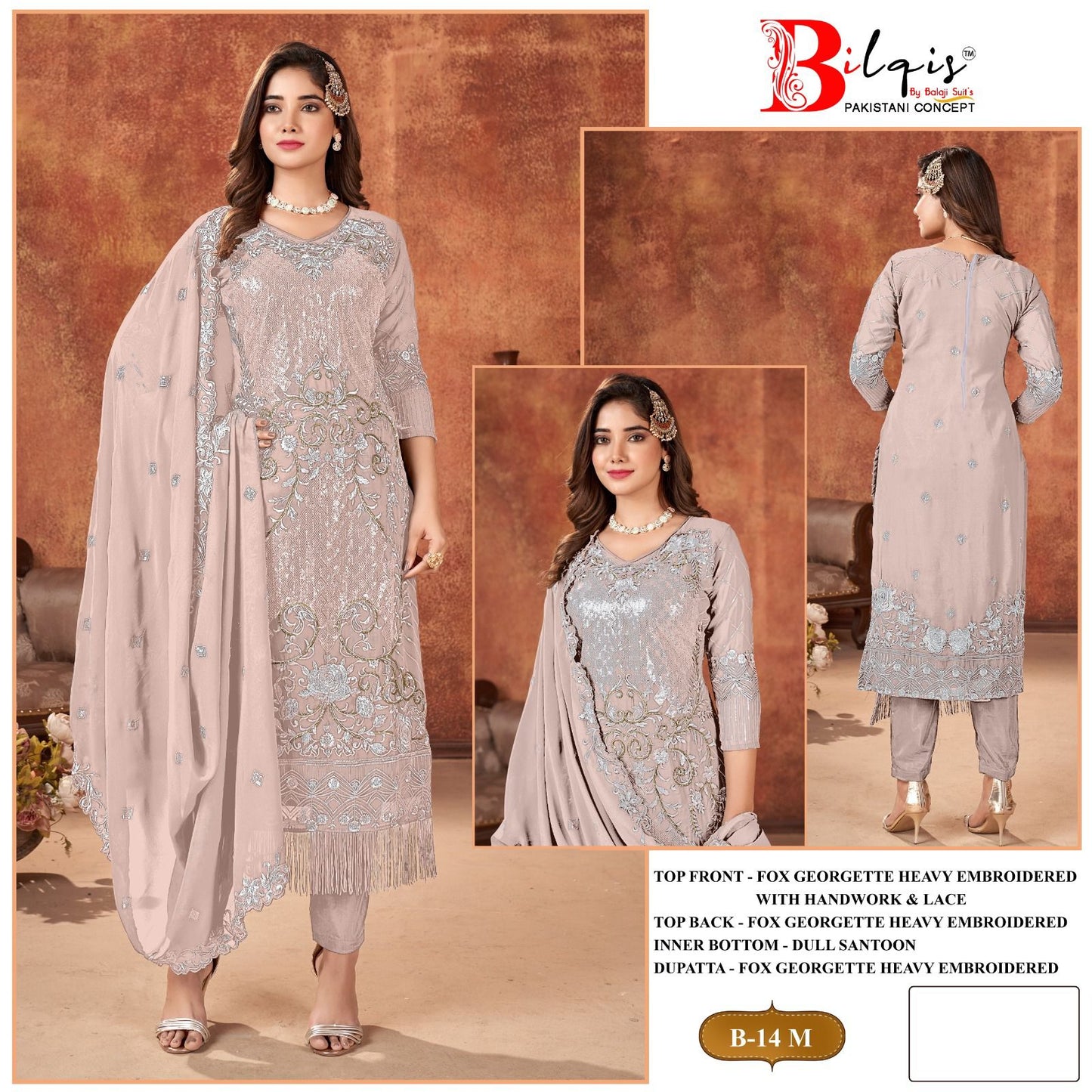B 14 Klmn Bilqis Fox Georgette Pakistani Salwar Suits Wholesale