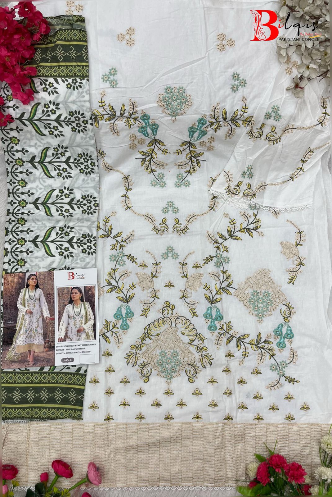 B 176 Bilqis Cambric Lawn Pakistani Salwar Suits Supplier Ahmedabad