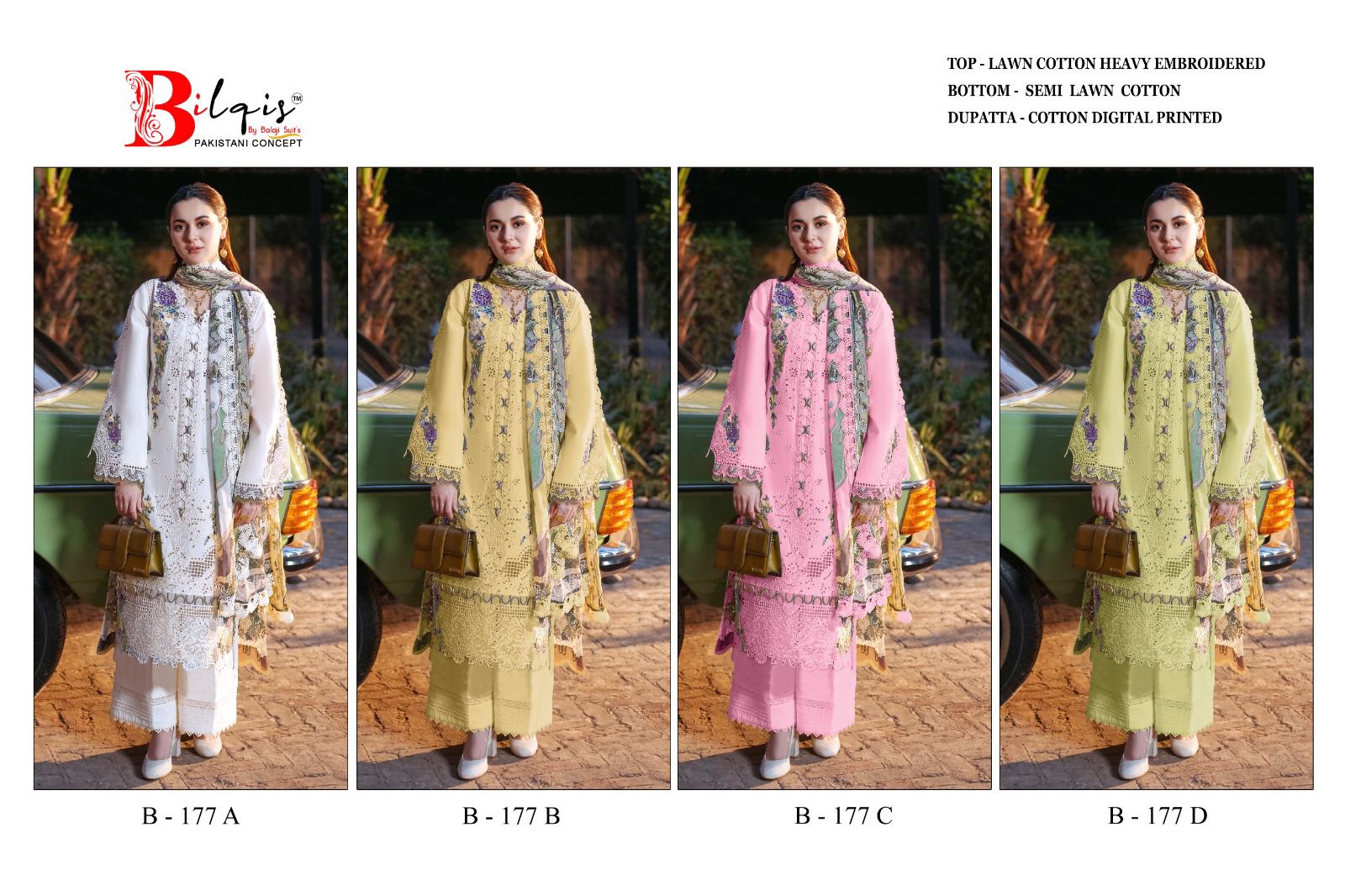 B 177 Bilqis Cambric Lawn Pakistani Salwar Suits Wholesale Rate