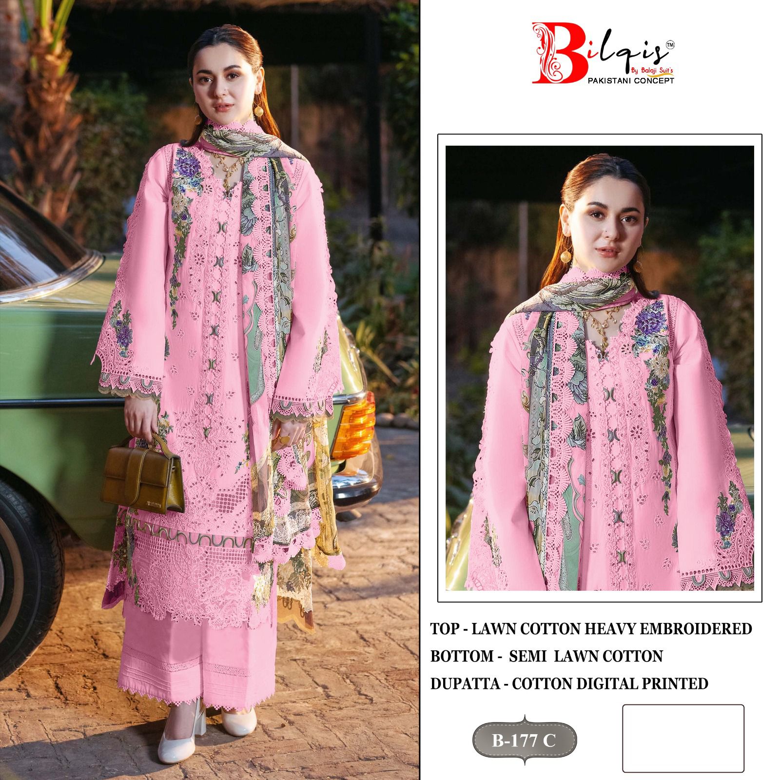 B 177 Bilqis Cambric Lawn Pakistani Salwar Suits Wholesale Rate