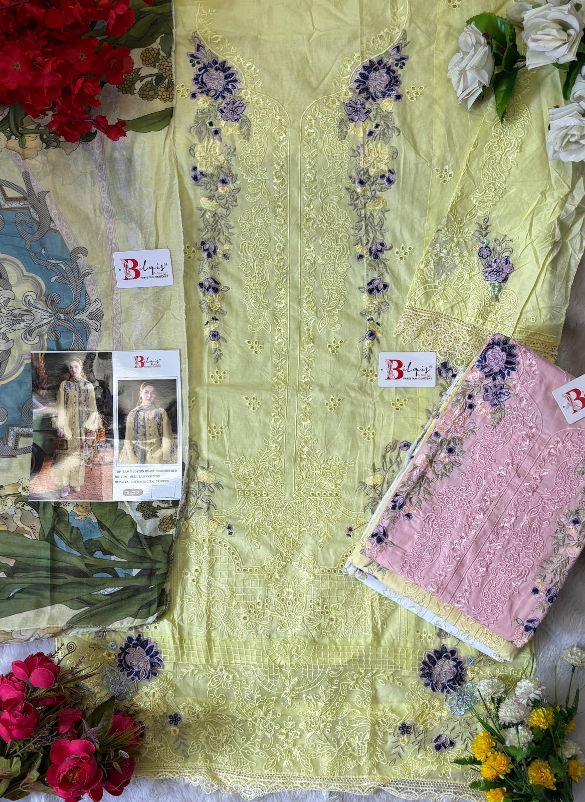 B 177 Bilqis Cambric Lawn Pakistani Salwar Suits Wholesale Rate