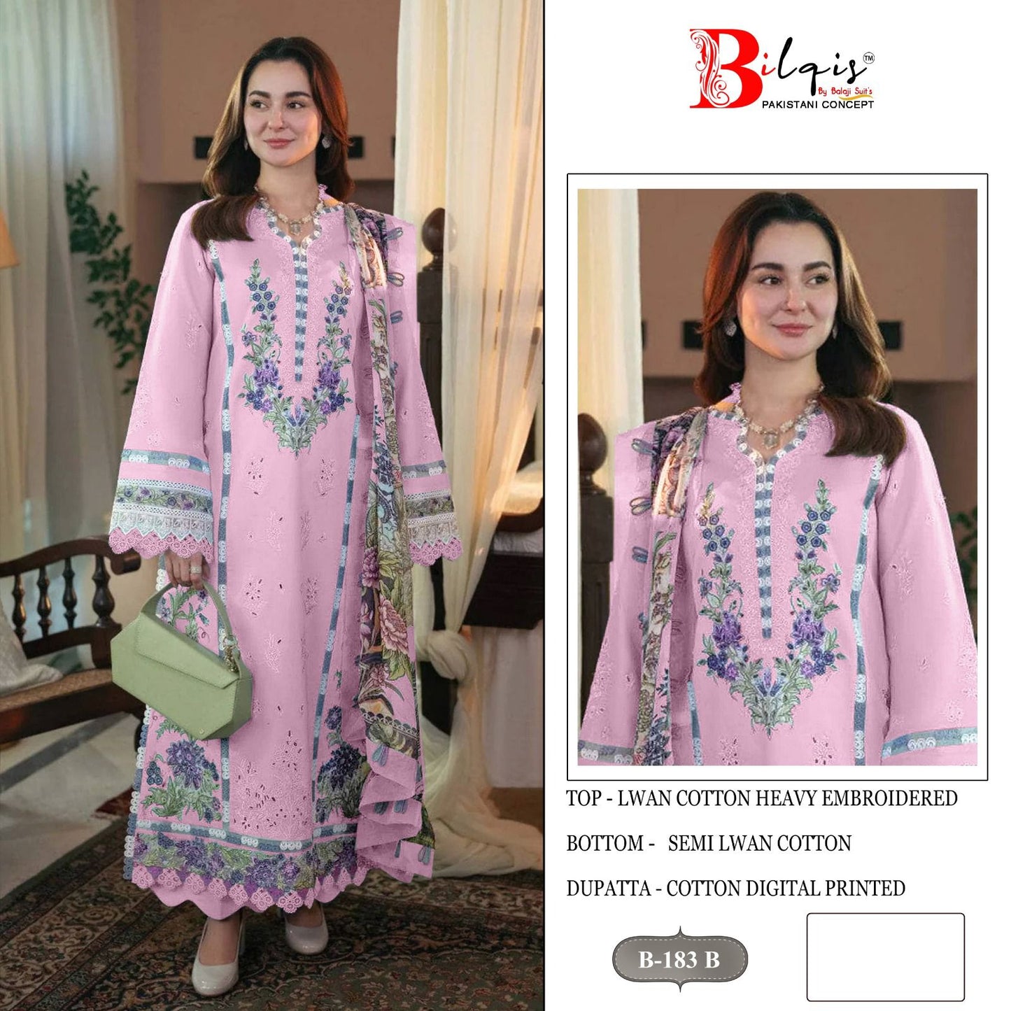 B 183 Bilqis Cambric Lawn Pakistani Salwar Suits Exporter