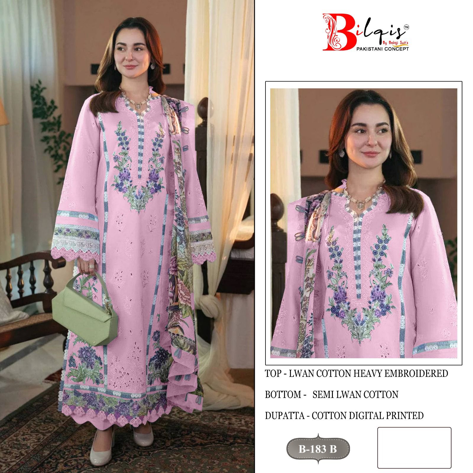 B 183 Bilqis Cambric Lawn Pakistani Salwar Suits Exporter