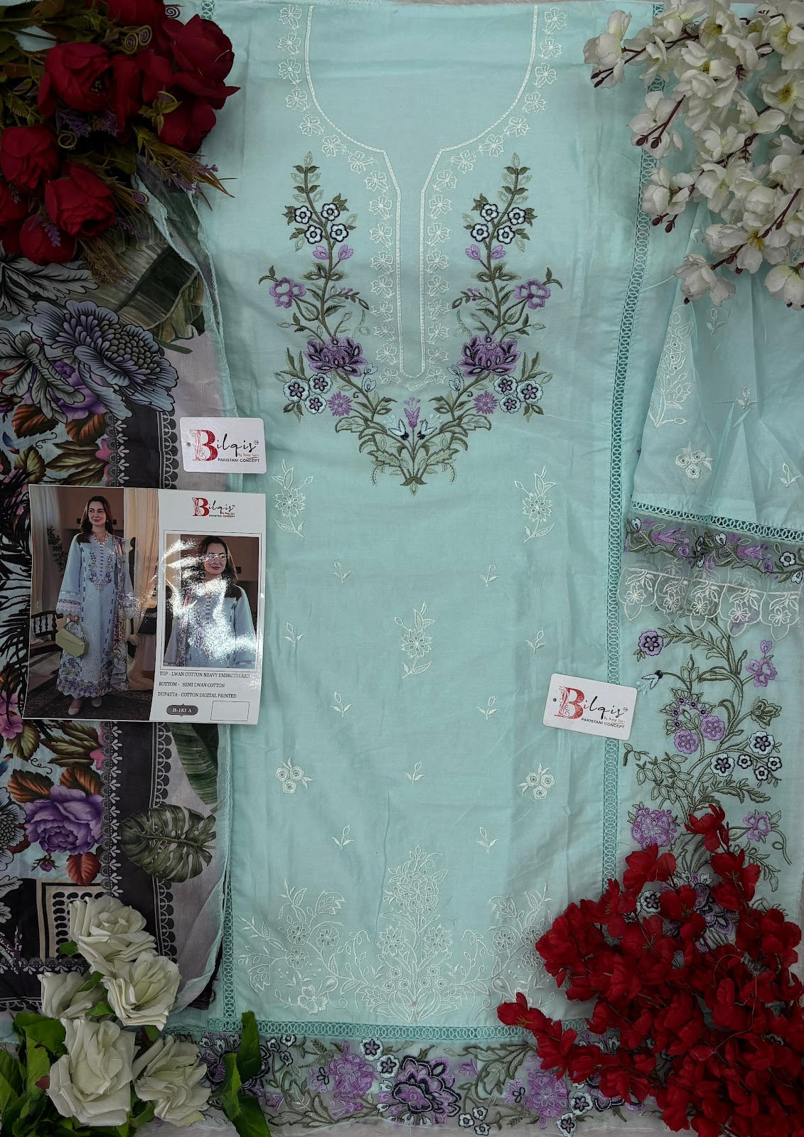 B 183 Bilqis Cambric Lawn Pakistani Salwar Suits Exporter