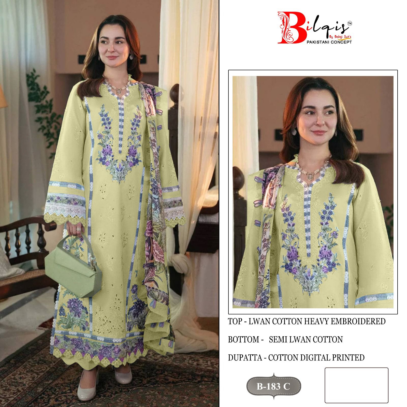 B 183 Bilqis Cambric Lawn Pakistani Salwar Suits Exporter