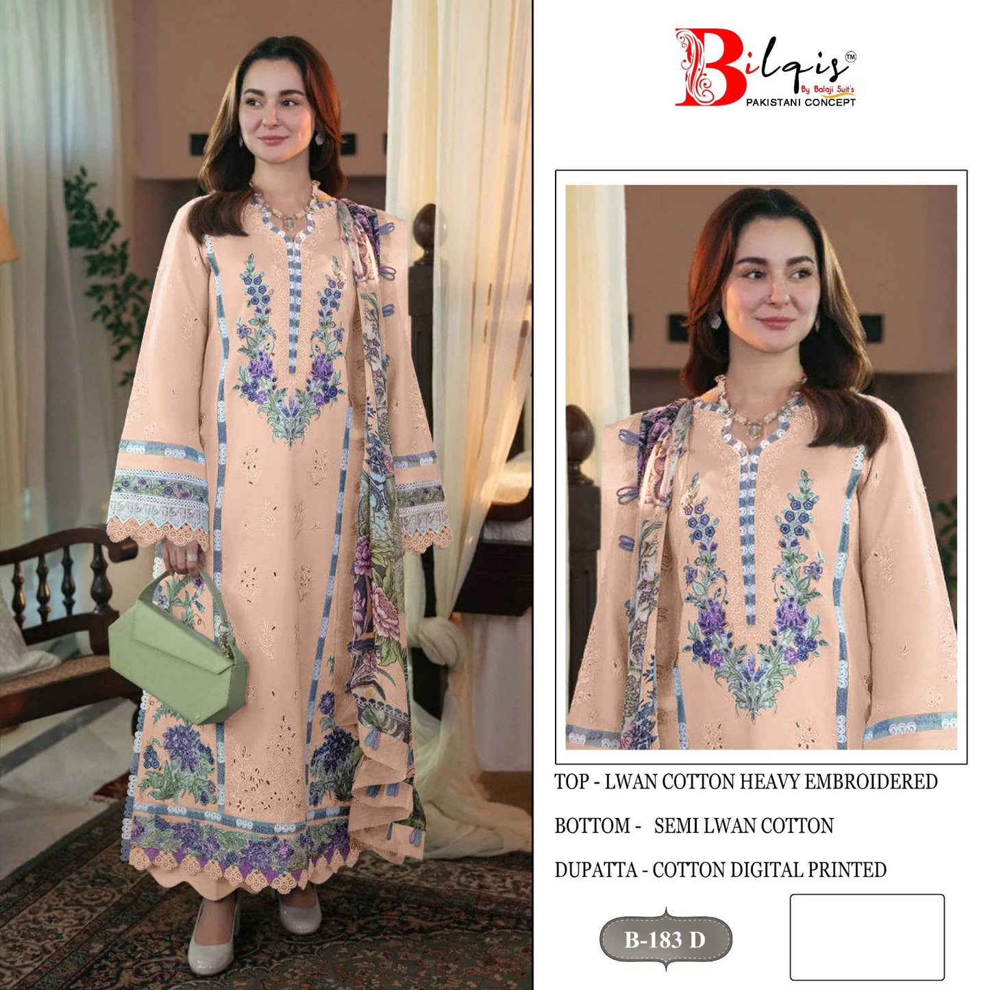 B 183 Bilqis Cambric Lawn Pakistani Salwar Suits Exporter