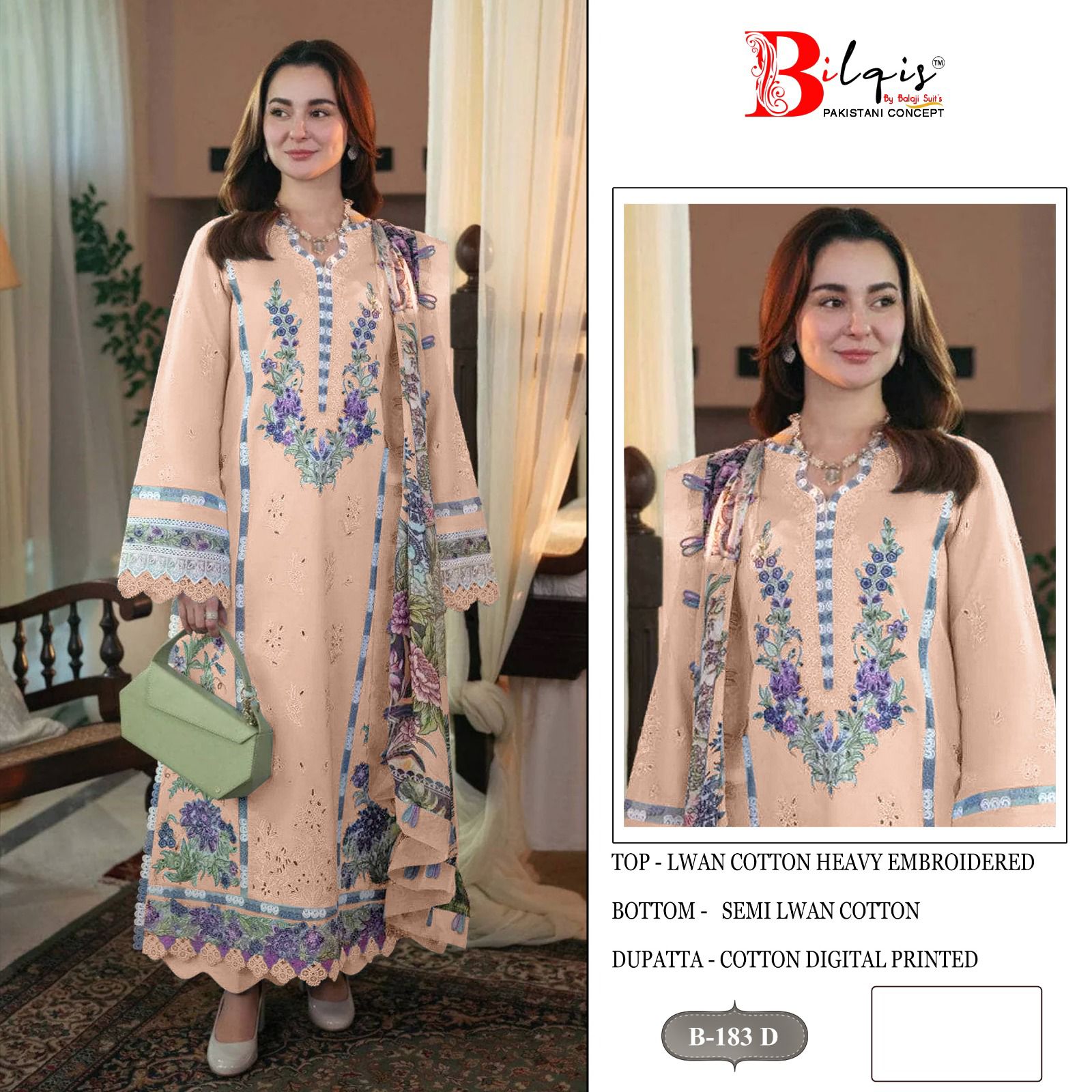 B 183 Bilqis Cambric Lawn Pakistani Salwar Suits Exporter
