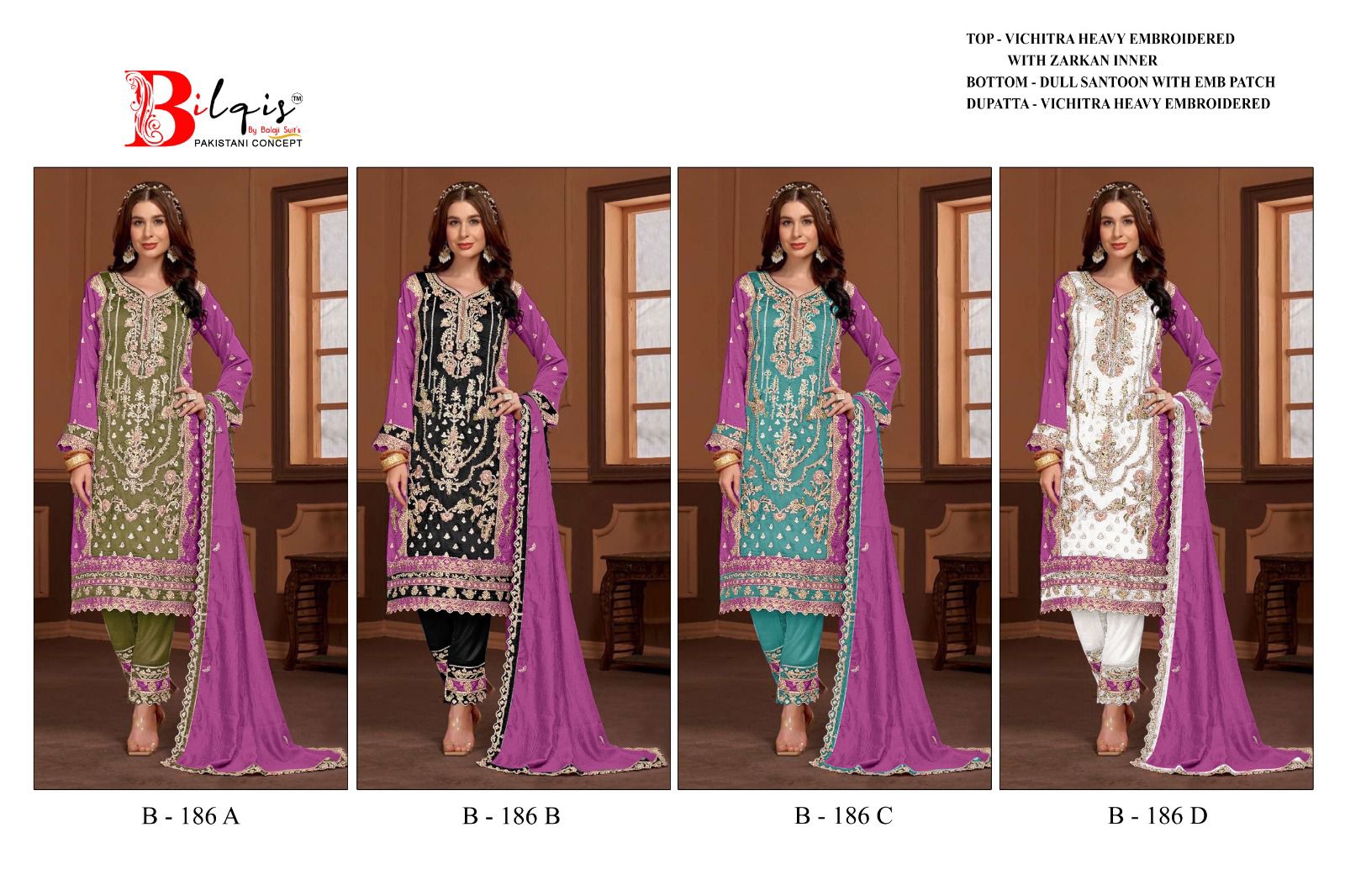 B 186 Bilqis Vichitra Pakistani Salwar Suits Wholesale