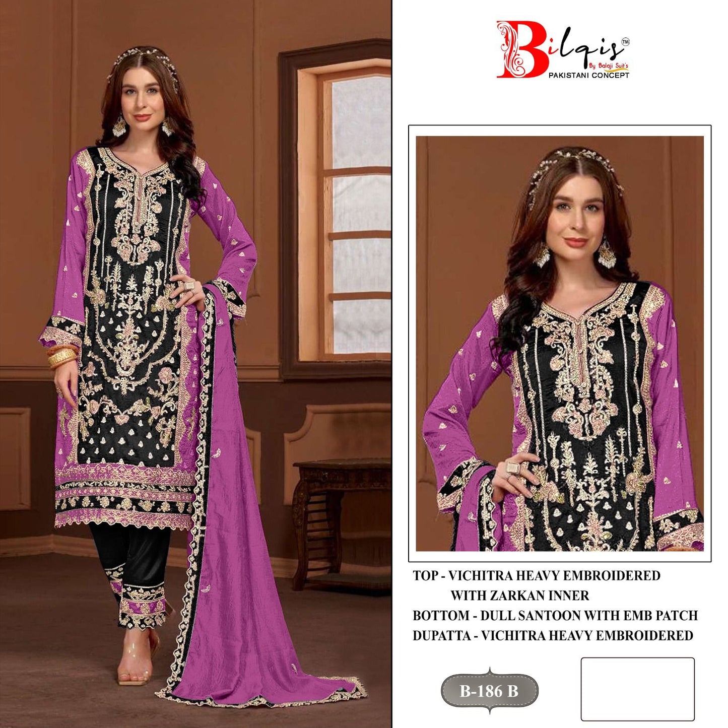 B 186 Bilqis Vichitra Pakistani Salwar Suits Wholesale