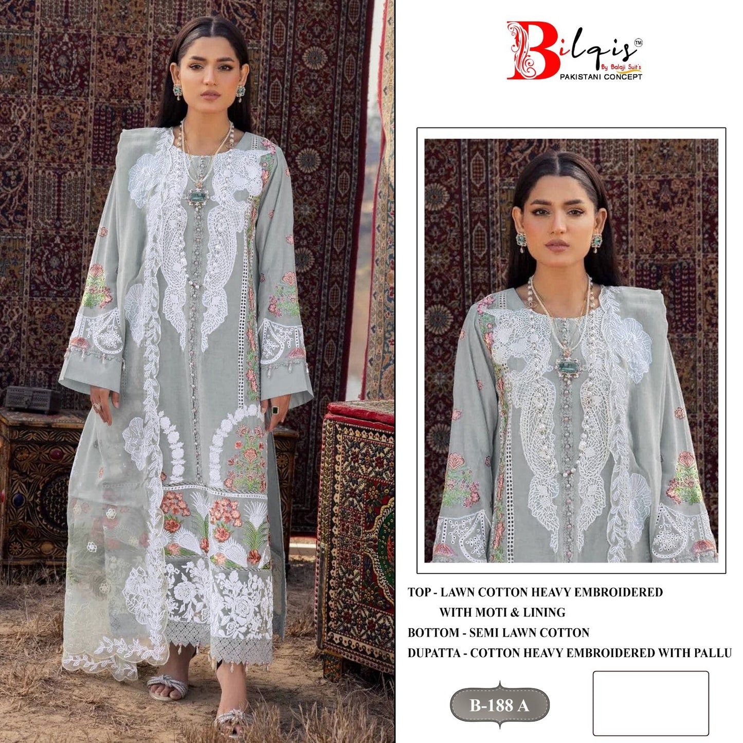 B 188 Bilqis Lawn Cotton Pakistani Salwar Suits Manufacturer Gujarat