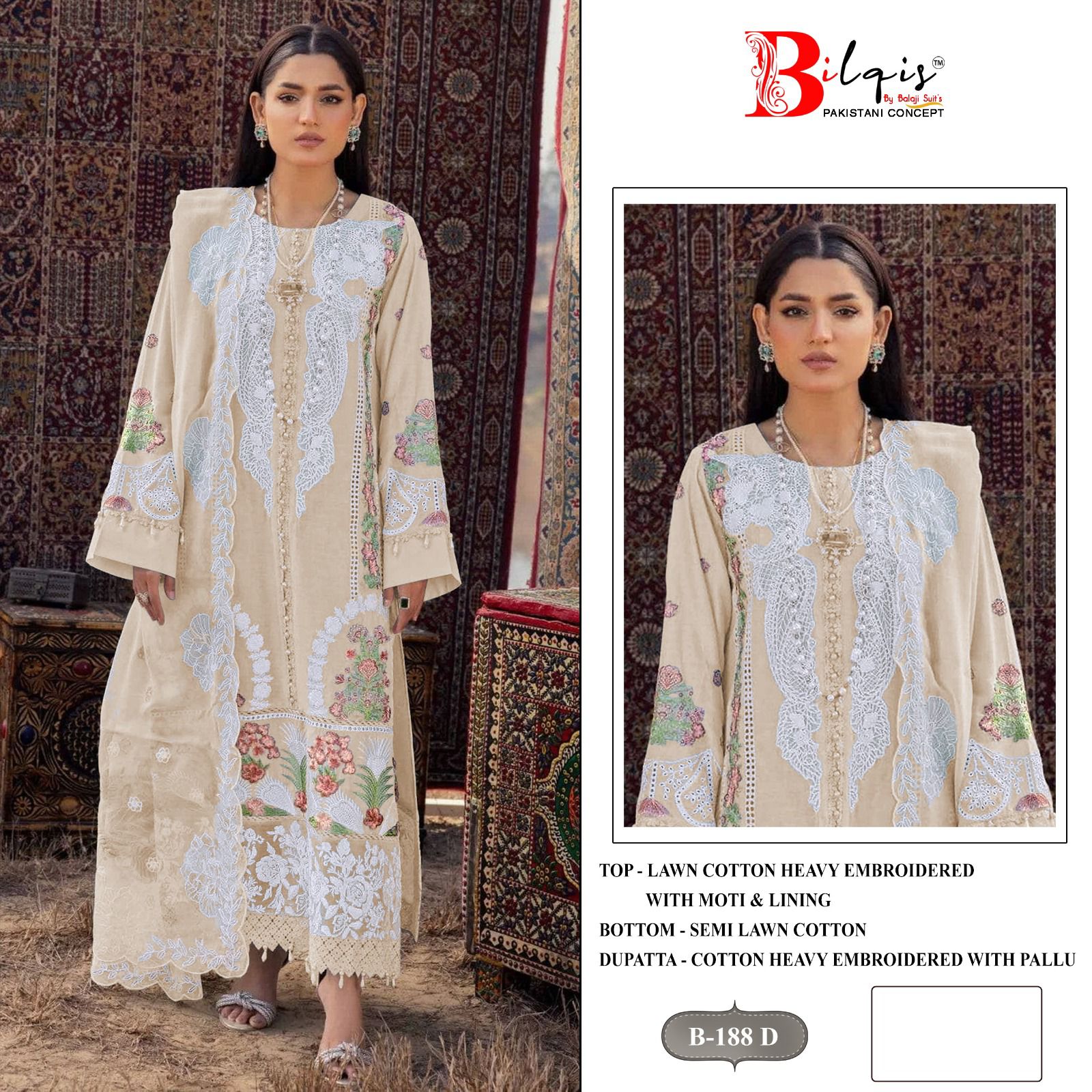 B 188 Bilqis Lawn Cotton Pakistani Salwar Suits Manufacturer Gujarat