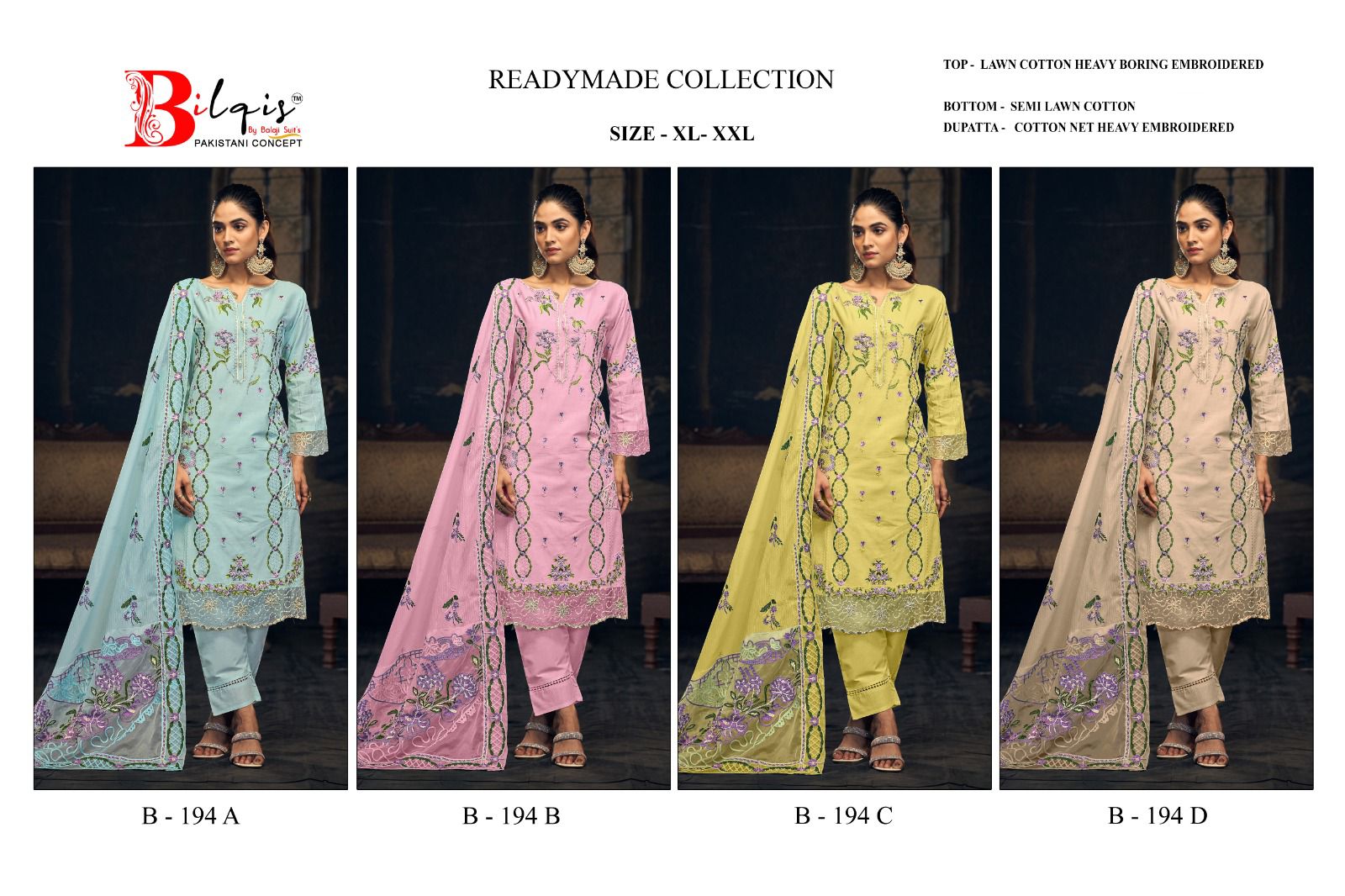 B 194 Abcd Bilqis Lawn Cotton Pakistani Readymade Suits Manufacturer