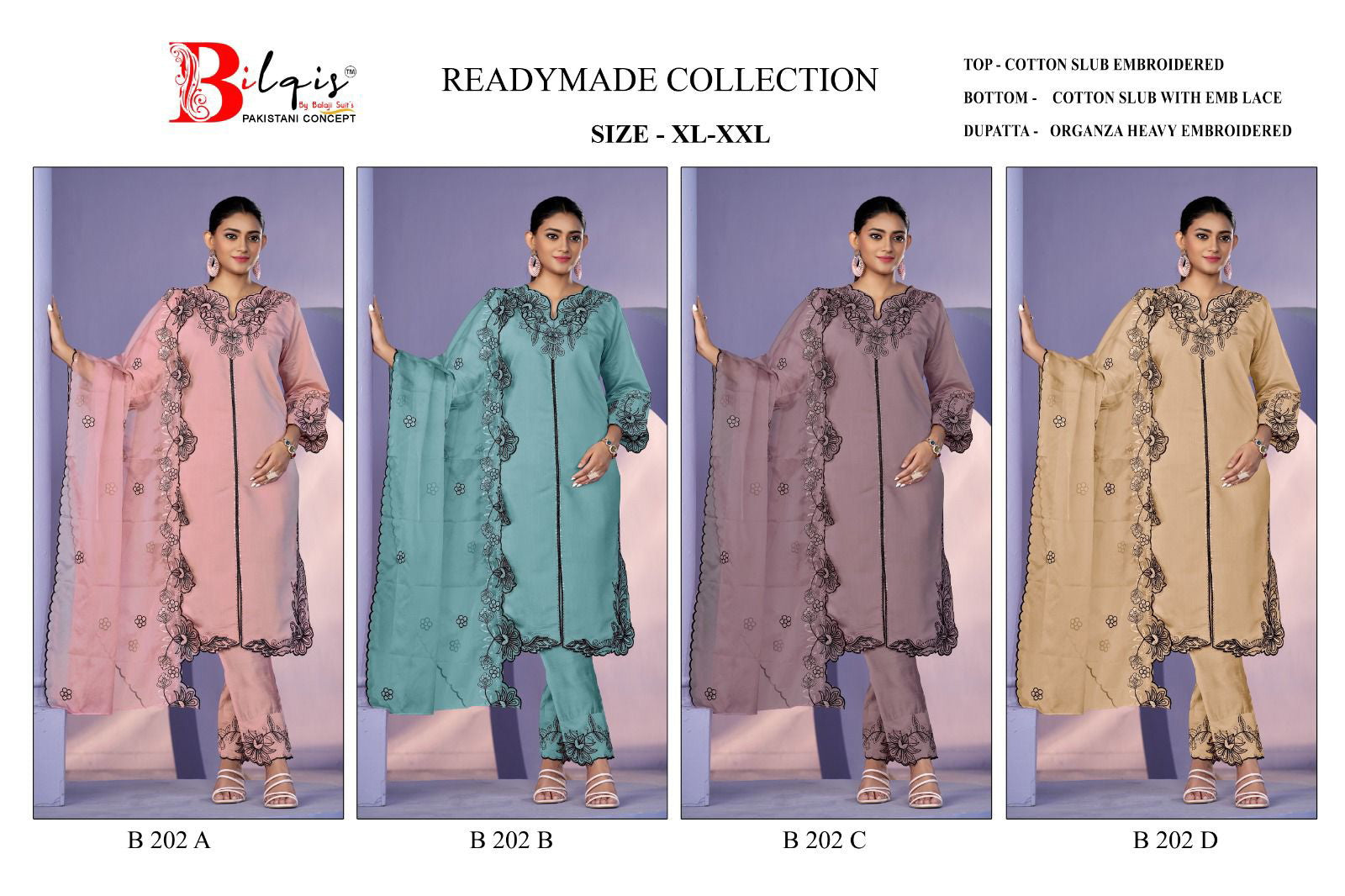 B 202 Bilqis Cotton Pakistani Readymade Suits Wholesale Rate