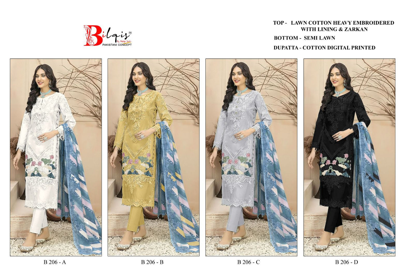 B 206 Bilqis Cambric Lawn Pakistani Salwar Suits Exporter India