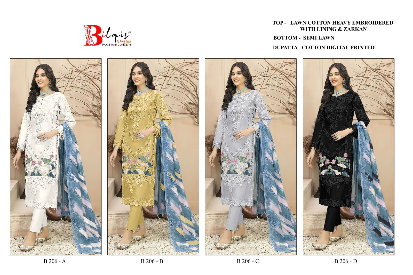 B 206 Bilqis Cambric Lawn Pakistani Salwar Suits Exporter India