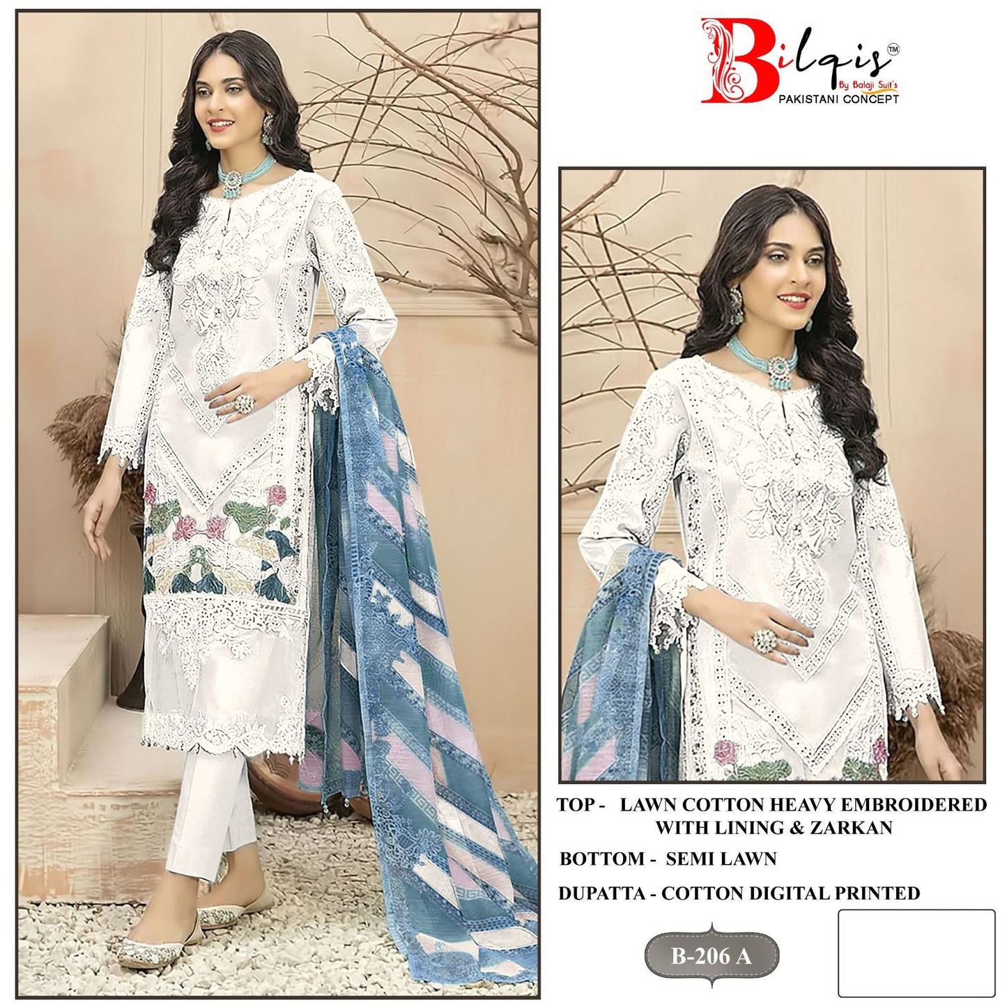 B 206 Bilqis Cambric Lawn Pakistani Salwar Suits Exporter India