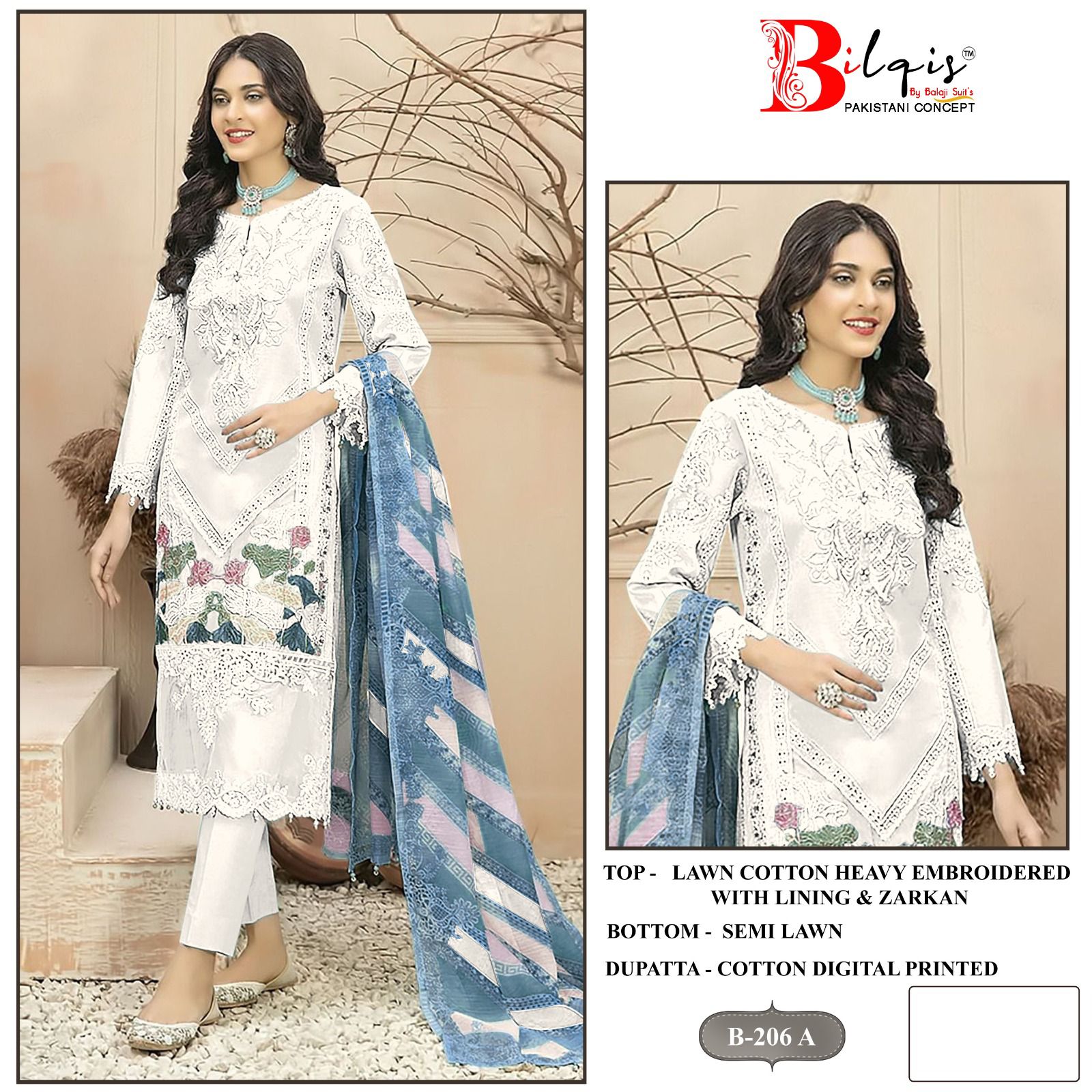B 206 Bilqis Cambric Lawn Pakistani Salwar Suits Exporter India