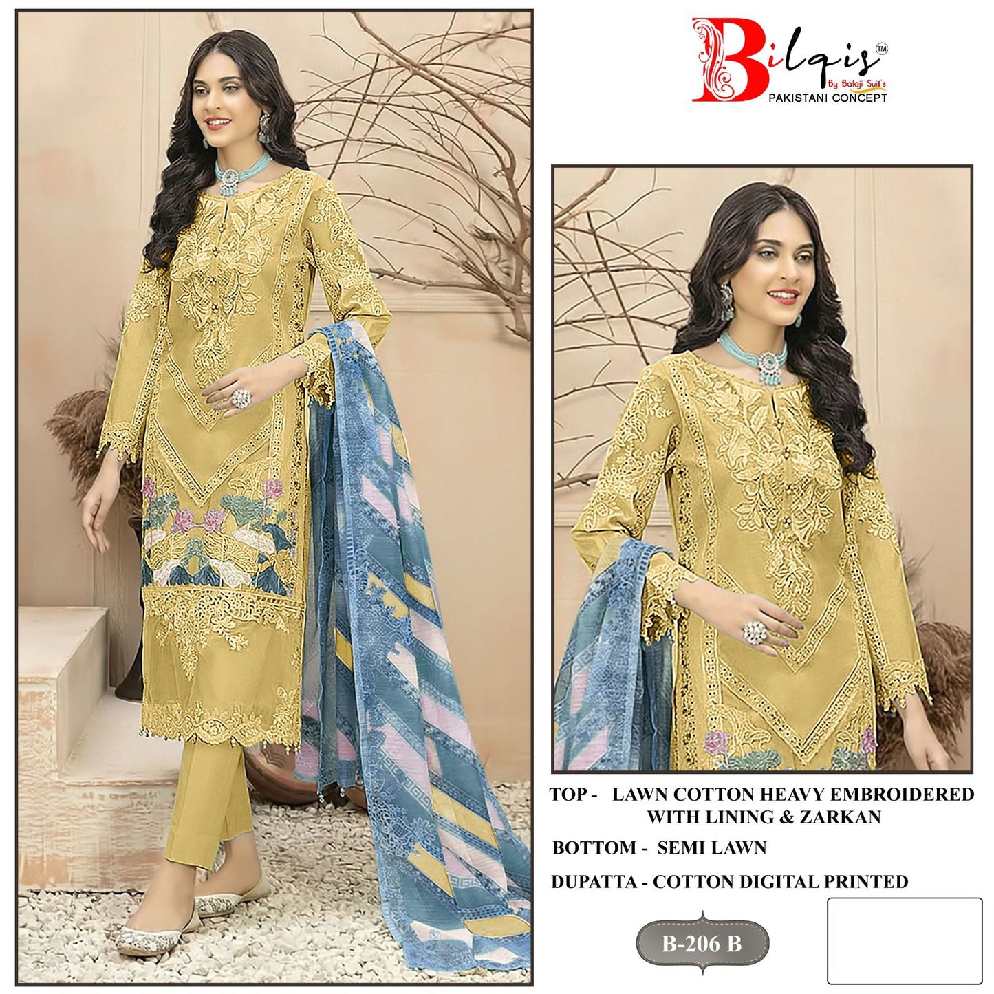 B 206 Bilqis Cambric Lawn Pakistani Salwar Suits Exporter India