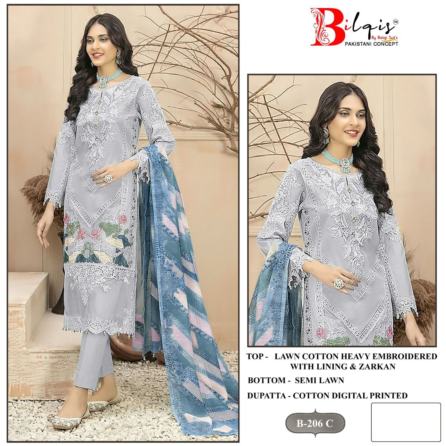 B 206 Bilqis Cambric Lawn Pakistani Salwar Suits Exporter India