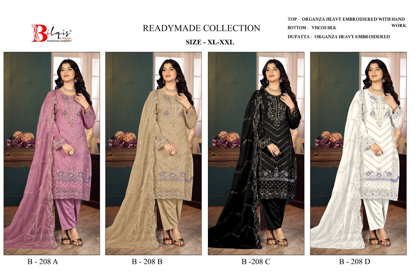 B 208 Bilqis Organza Pakistani Readymade Suits Exporter Gujarat