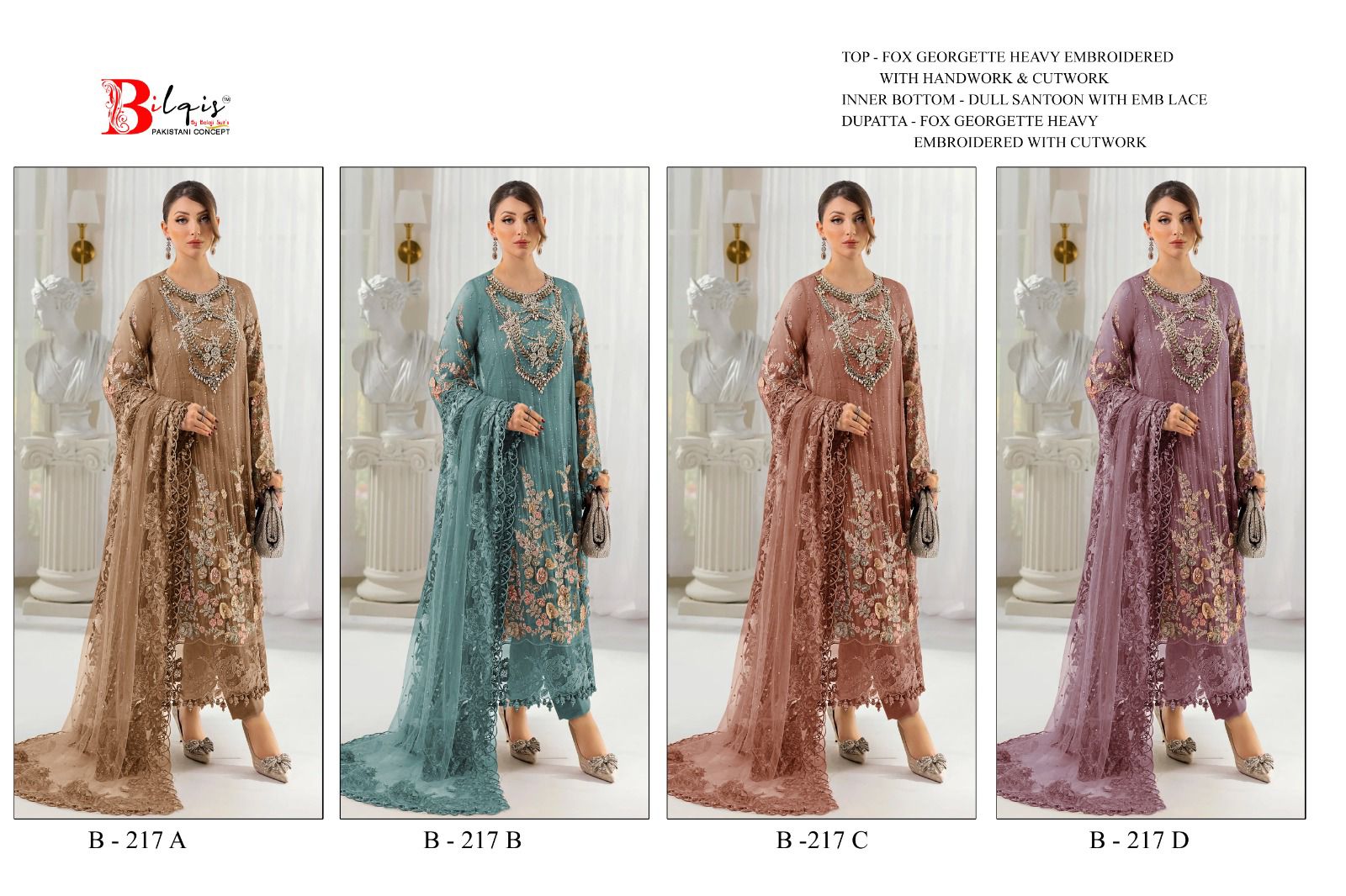 B 217 Bilqis Fox Georgette Pakistani Salwar Suits Exporter India