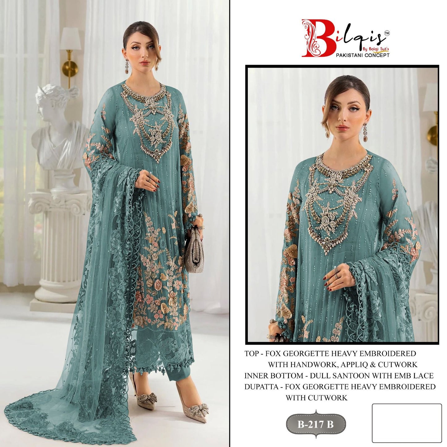 B 217 Bilqis Fox Georgette Pakistani Salwar Suits Exporter India