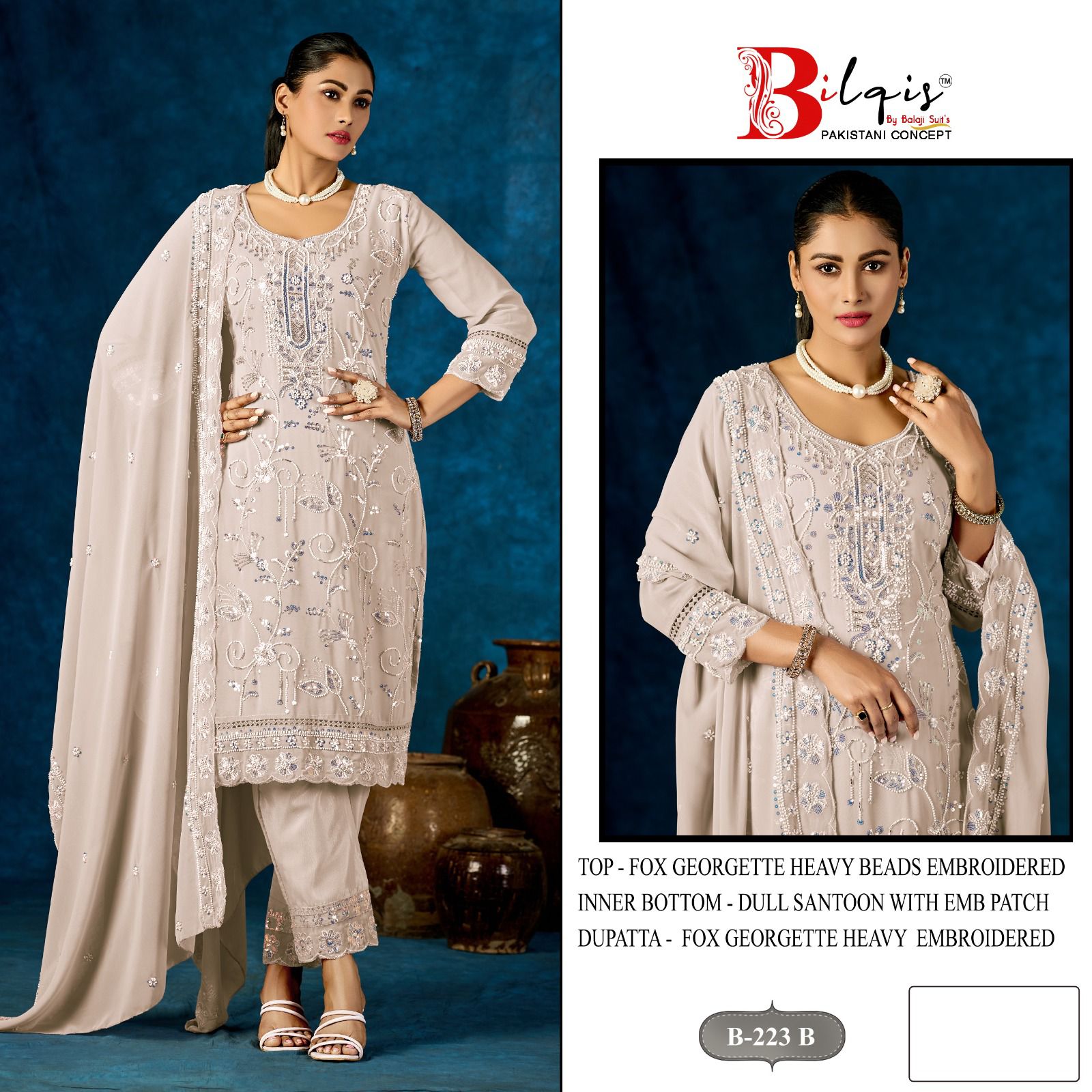 B 223 Bilqis Fox Georgette Pakistani Salwar Suits Wholesale Rate