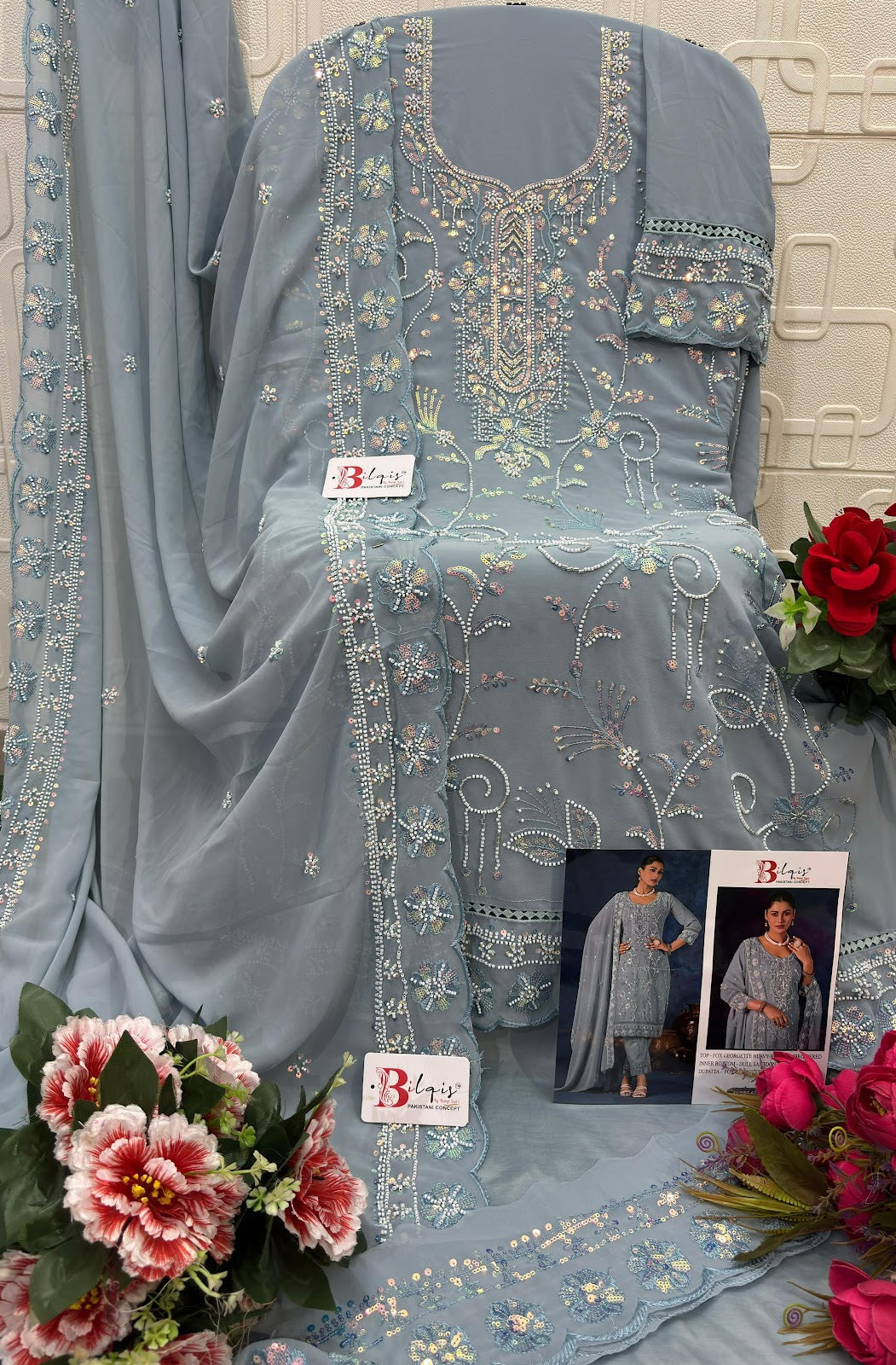 B 223 Bilqis Fox Georgette Pakistani Salwar Suits Wholesale Rate