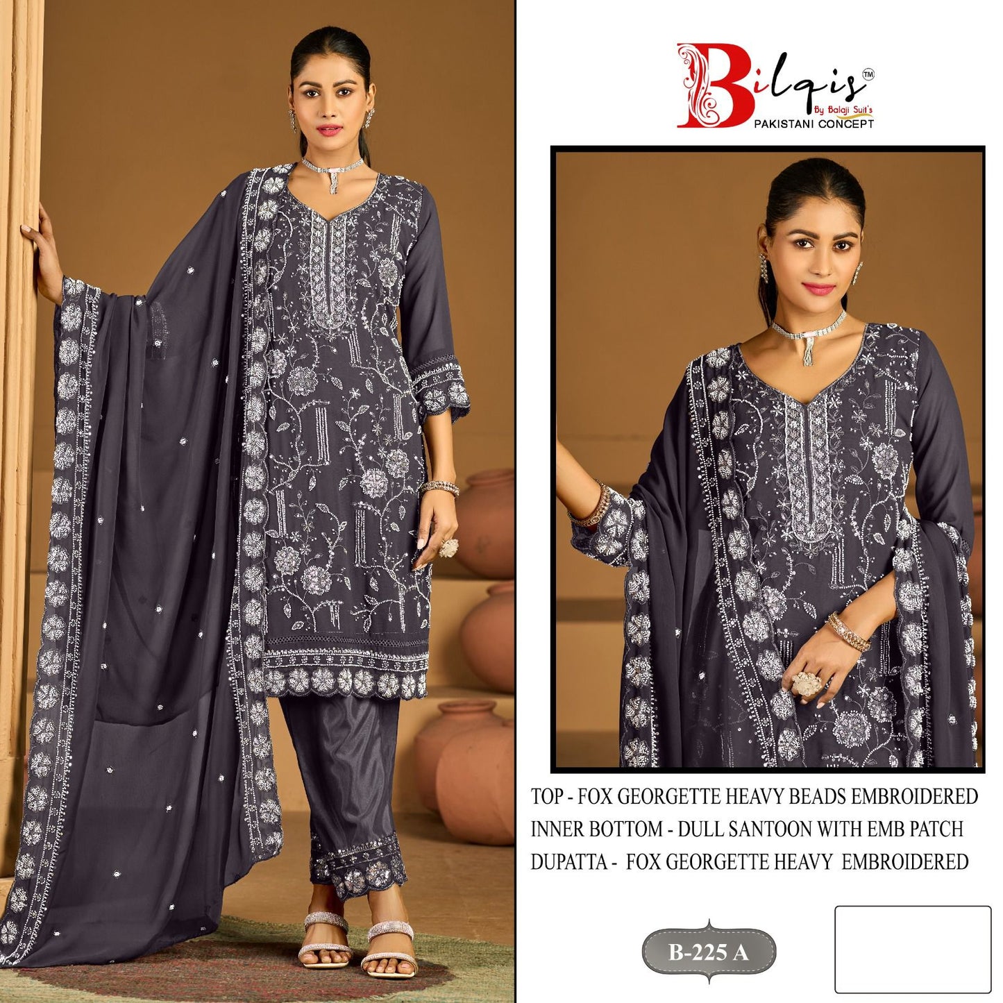 B 225 Bilqis Fox Georgette Pakistani Salwar Suits Supplier