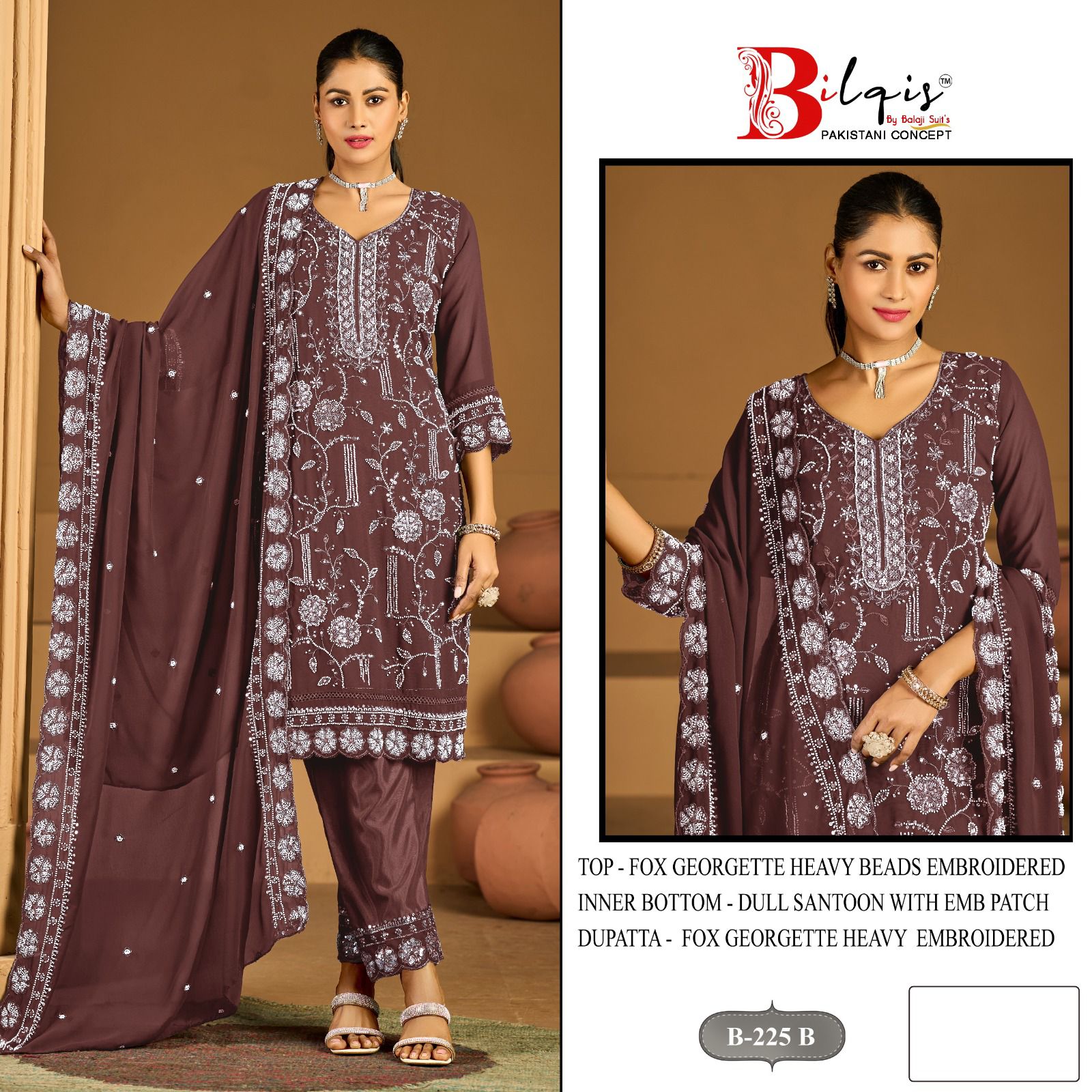 B 225 Bilqis Fox Georgette Pakistani Salwar Suits Supplier