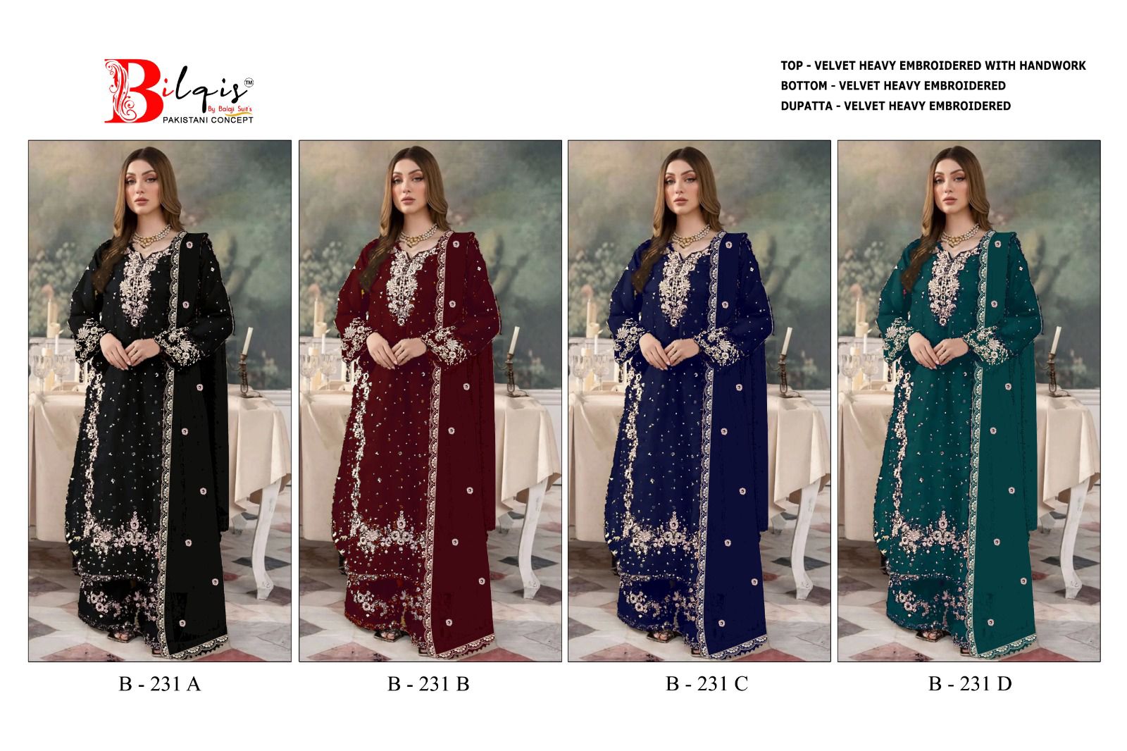 B 231 Bilqis Velvet Suits Wholesaler India