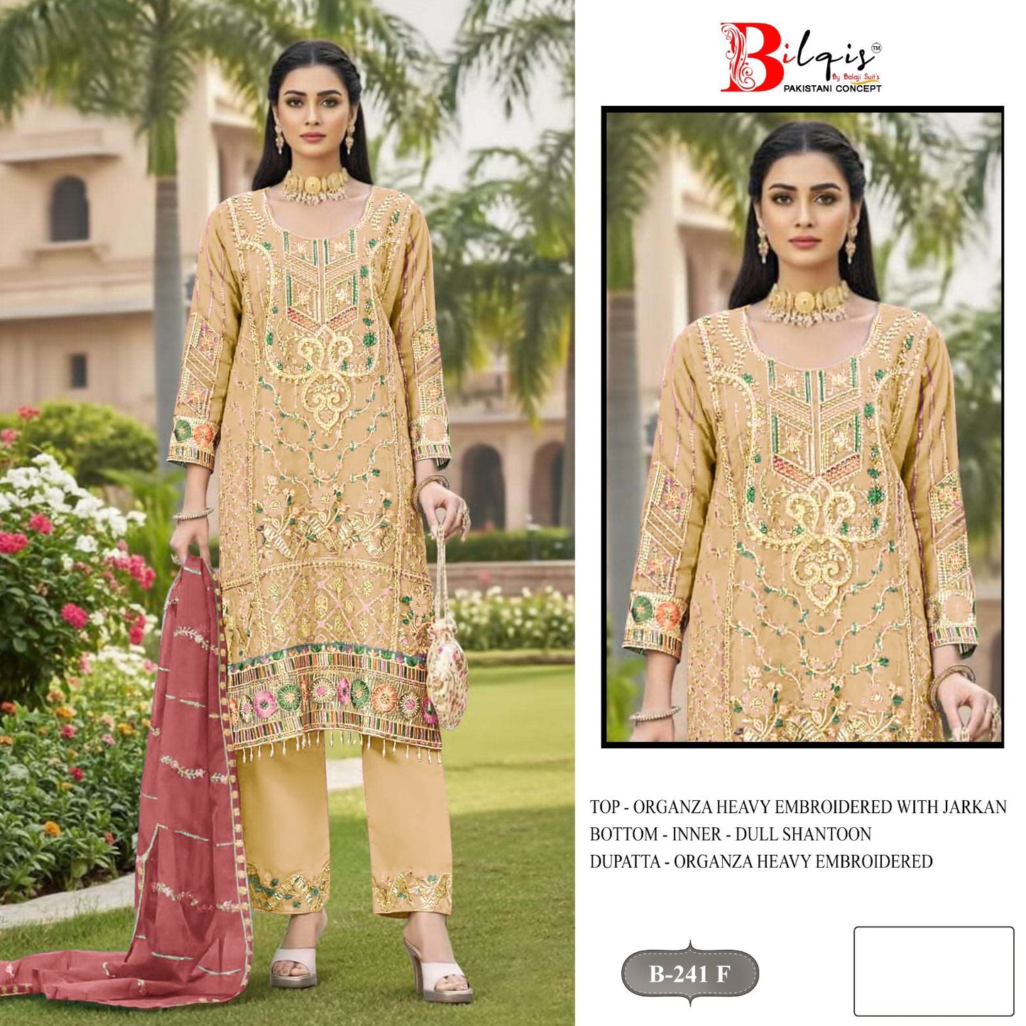 B 241 E To G Bilqis Organza Pakistani Salwar Suits Exporter Gujarat