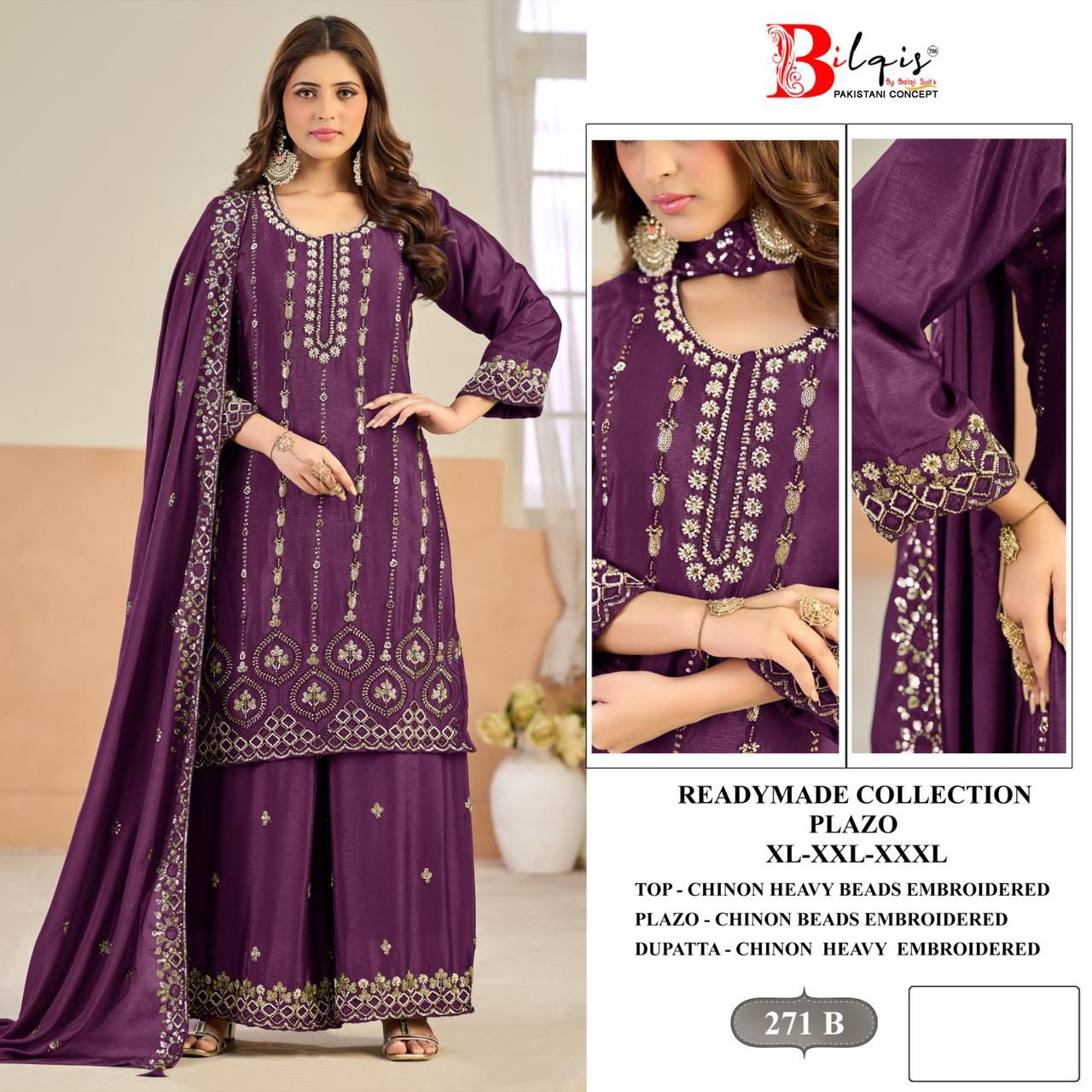 B 271 Bilqis Chinon Pakistani Readymade Suits Wholesaler Ahmedabad