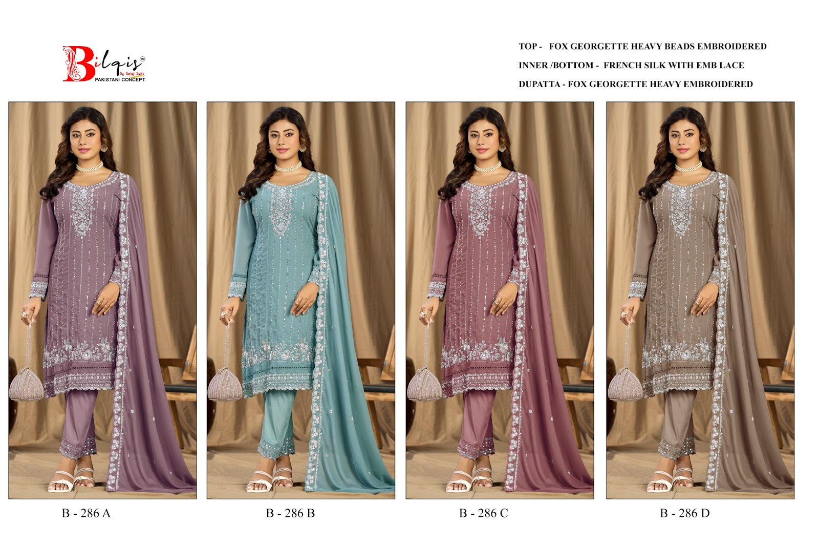 B 286 A To D Bilqis Fox Georgette Pakistani Salwar Suits Manufacturer India