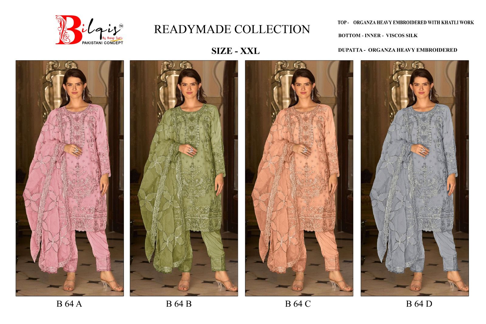 B 64 Bilqis Organza Pakistani Readymade Suits Supplier Gujarat