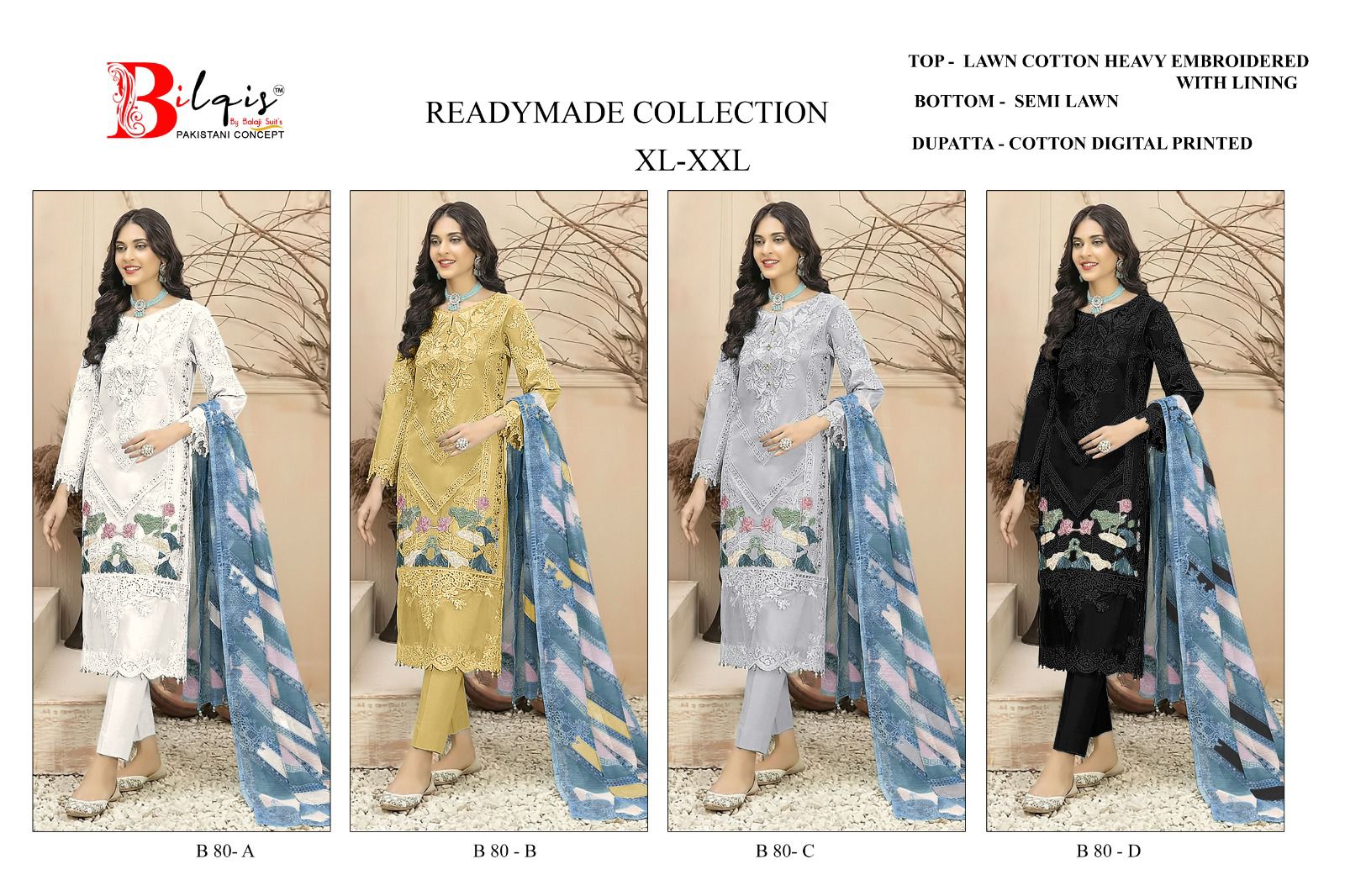 B 80 Bilqis Lawn Cotton Pakistani Readymade Suits Manufacturer Ahmedabad
