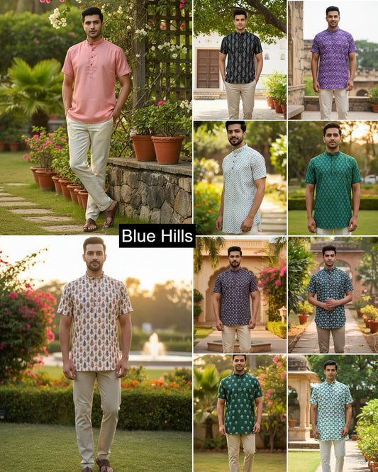 B Desi Blue Hills Cotton Mens Short Kurta Wholesaler Ahmedabad