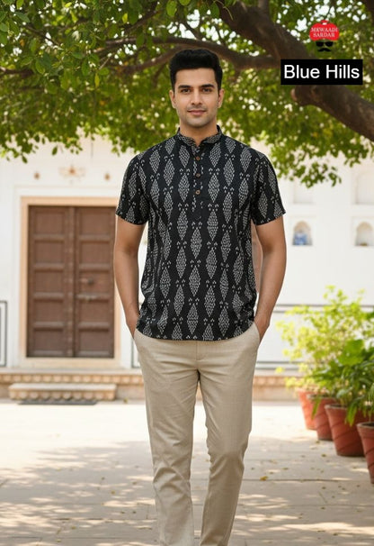 B Desi Blue Hills Cotton Mens Short Kurta Wholesaler Ahmedabad