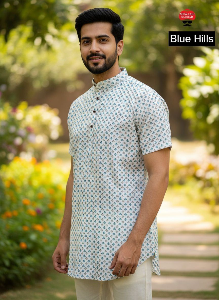 B Desi Blue Hills Cotton Mens Short Kurta Wholesaler Ahmedabad