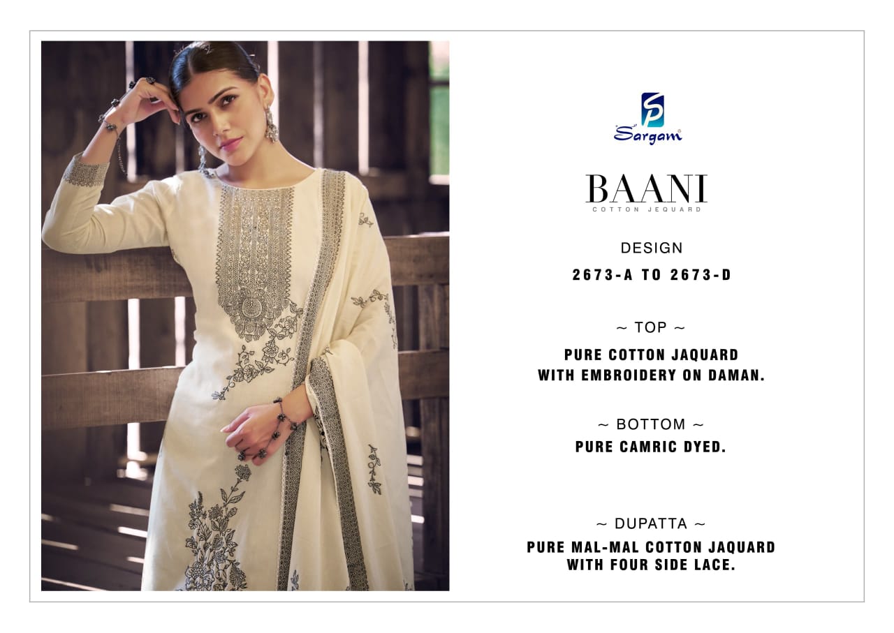 Baani Sargam Prints Cotton Jacquard Pant Style Suits Wholesaler Ahmedabad