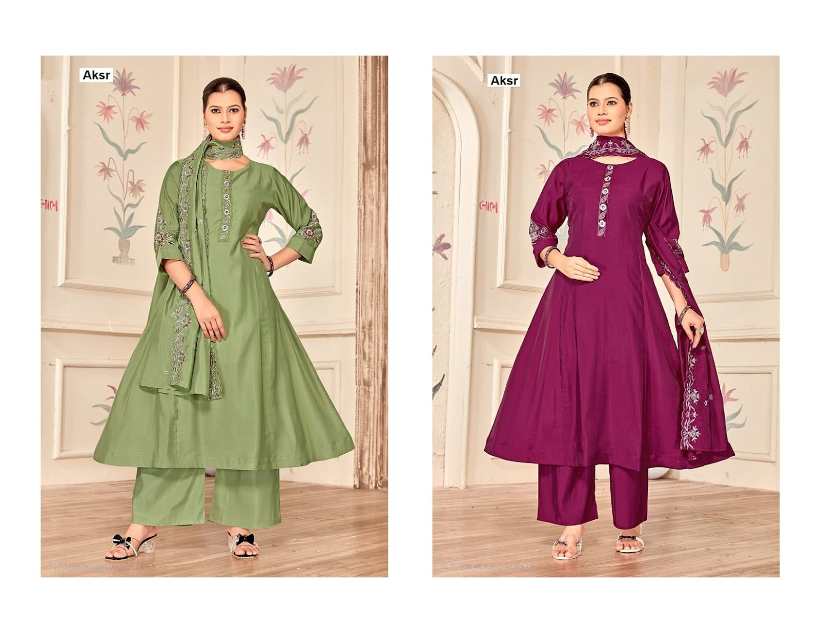 Back And Sleeves Work Aksr Roman Readymade Anarkali Suits Wholesale Rate