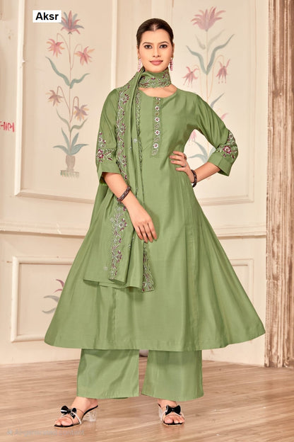 Back And Sleeves Work Aksr Roman Readymade Anarkali Suits Wholesale Rate