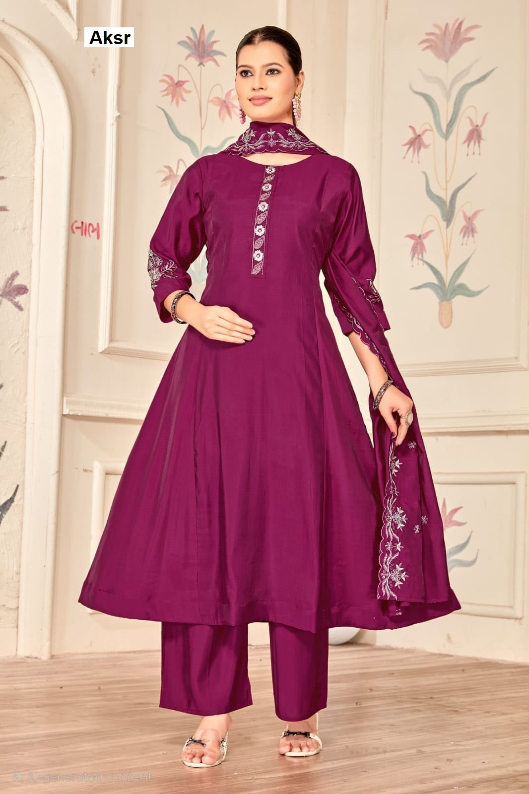 Back And Sleeves Work Aksr Roman Readymade Anarkali Suits Wholesale Rate