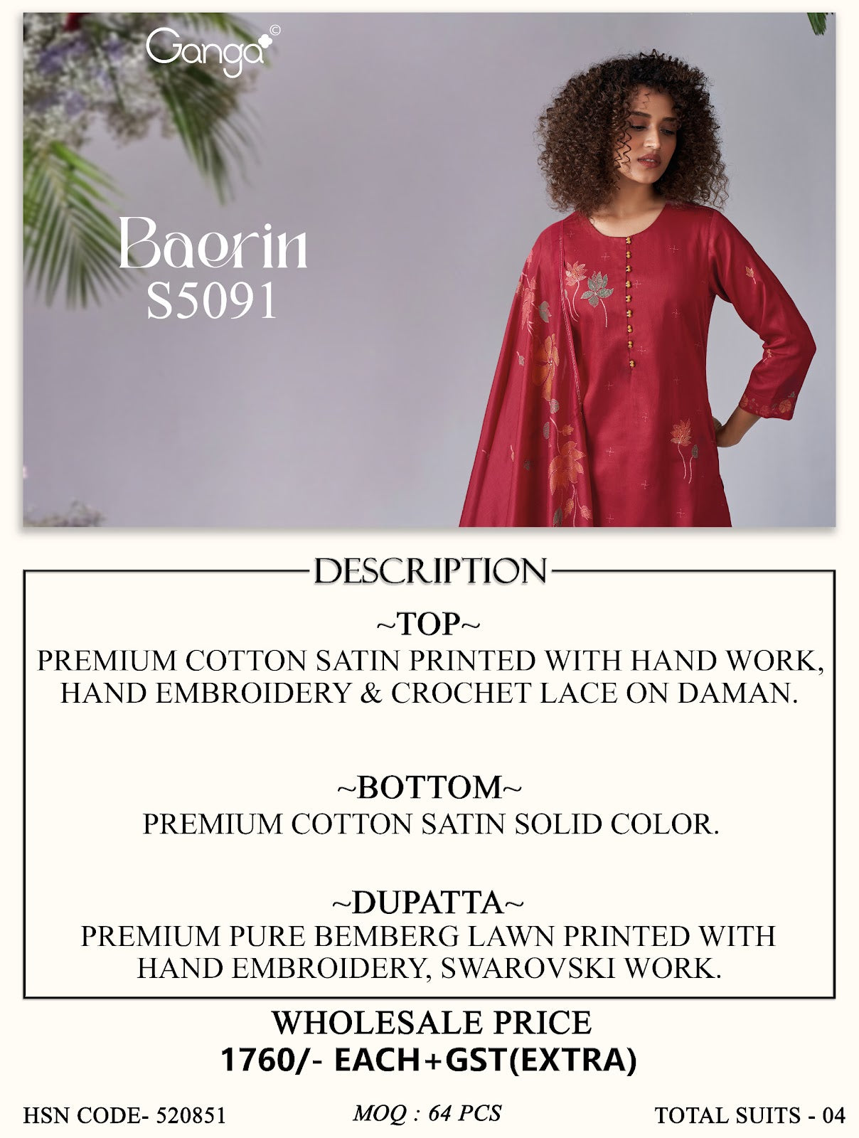 Baerin S5091 Ganga Cotton Satin Plazzo Style Suits Manufacturer India