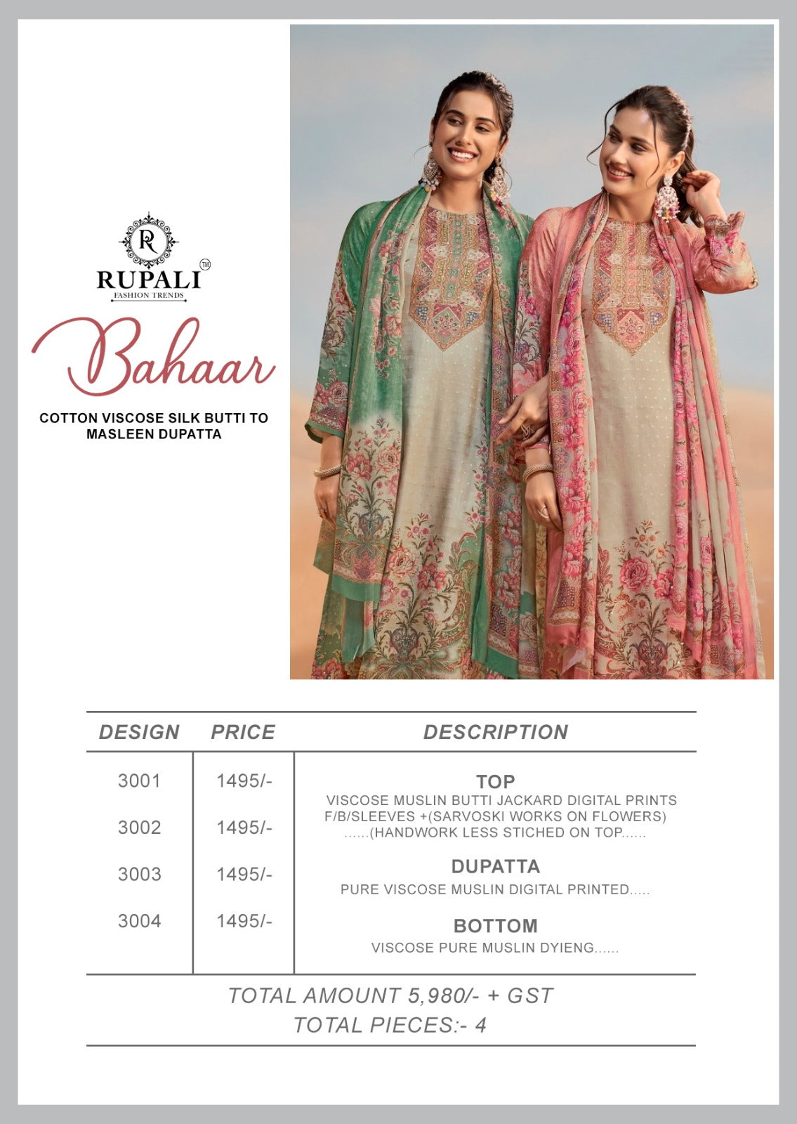 Bahaar Rupali Viscose Muslin Pant Style Suits Wholesaler Ahmedabad