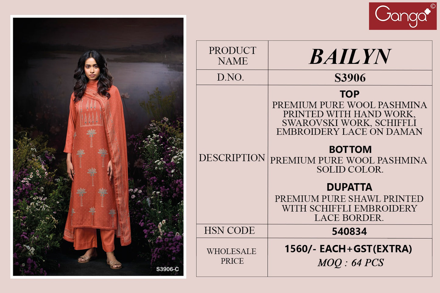 Bailyn 3906 Ganga Premium Wool Pashmina Suits Supplier India