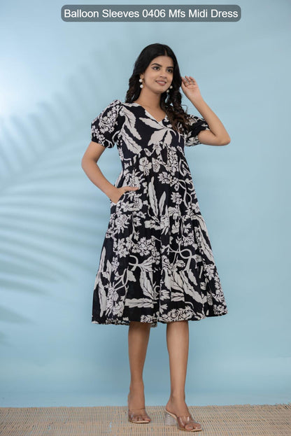 Balloon Sleeves 0406 Mfs Cotton Midi Dress Manufacturer Gujarat